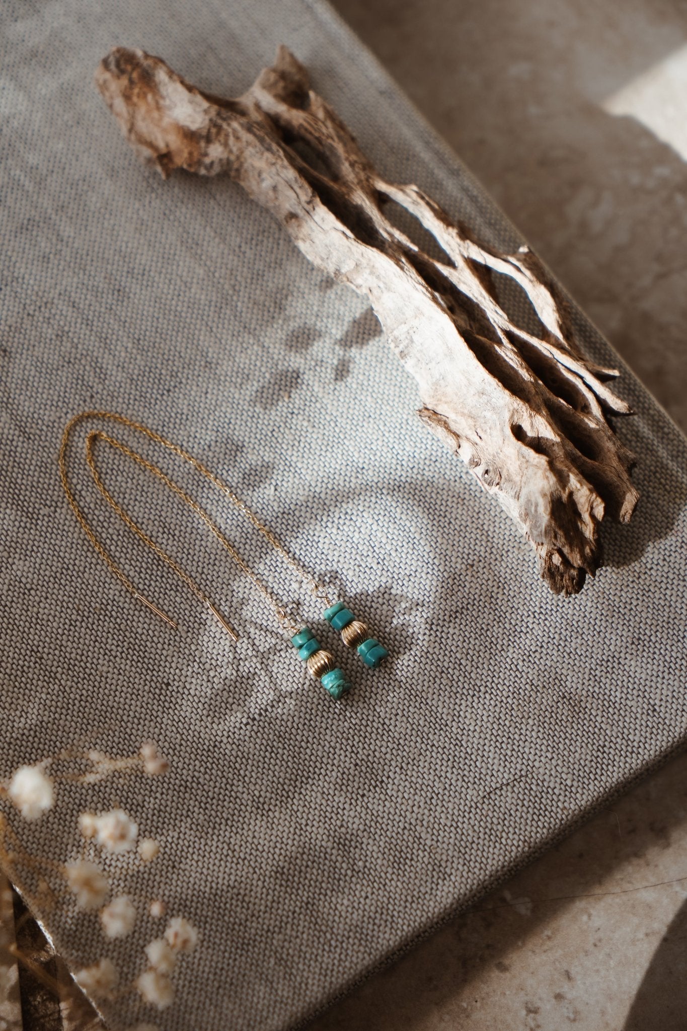 Dew Drop Ear Threaders in Hubei Turquoise - Golden Road Crafted