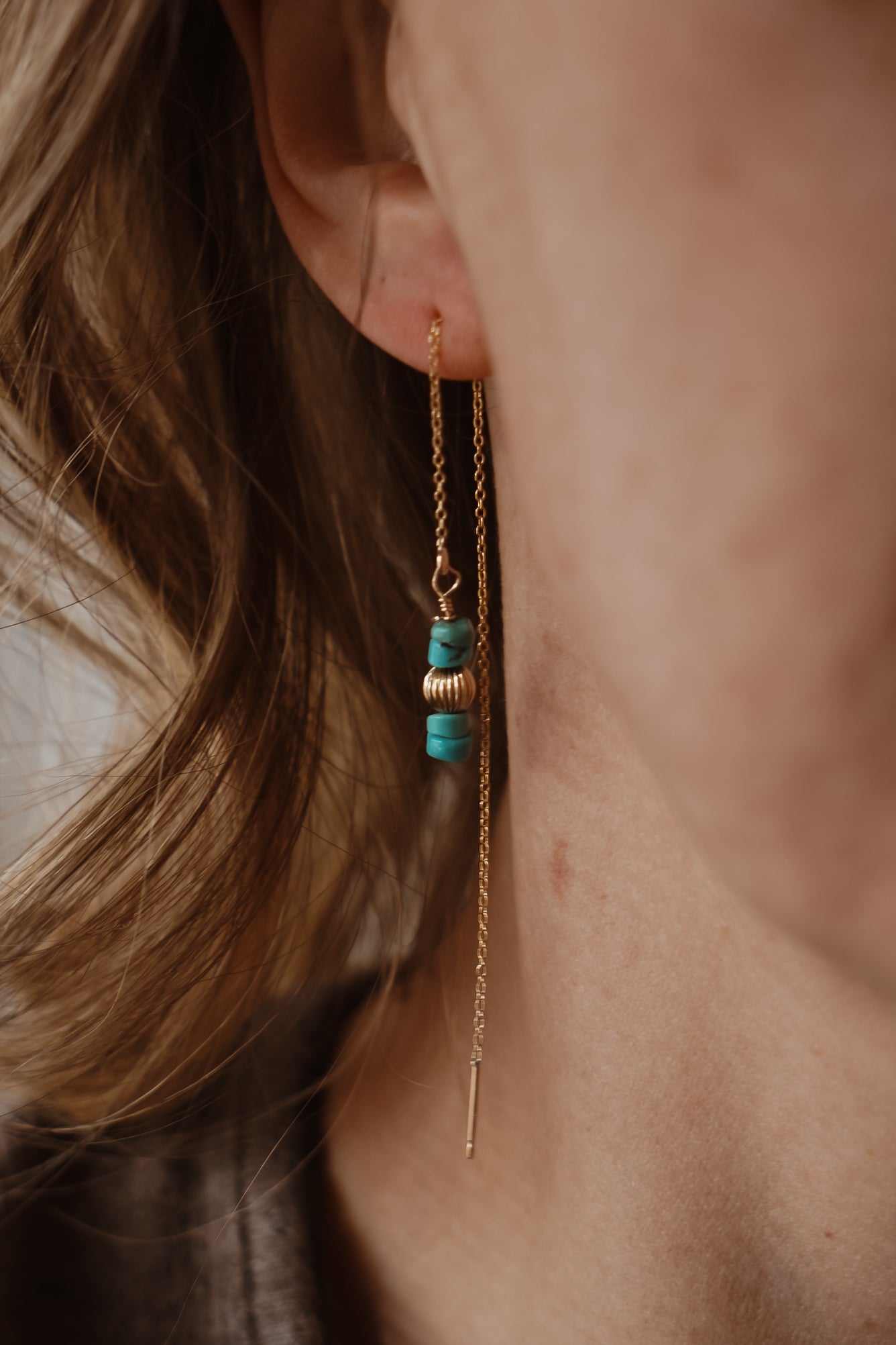 Dew Drop Ear Threaders in Hubei Turquoise - Golden Road Crafted