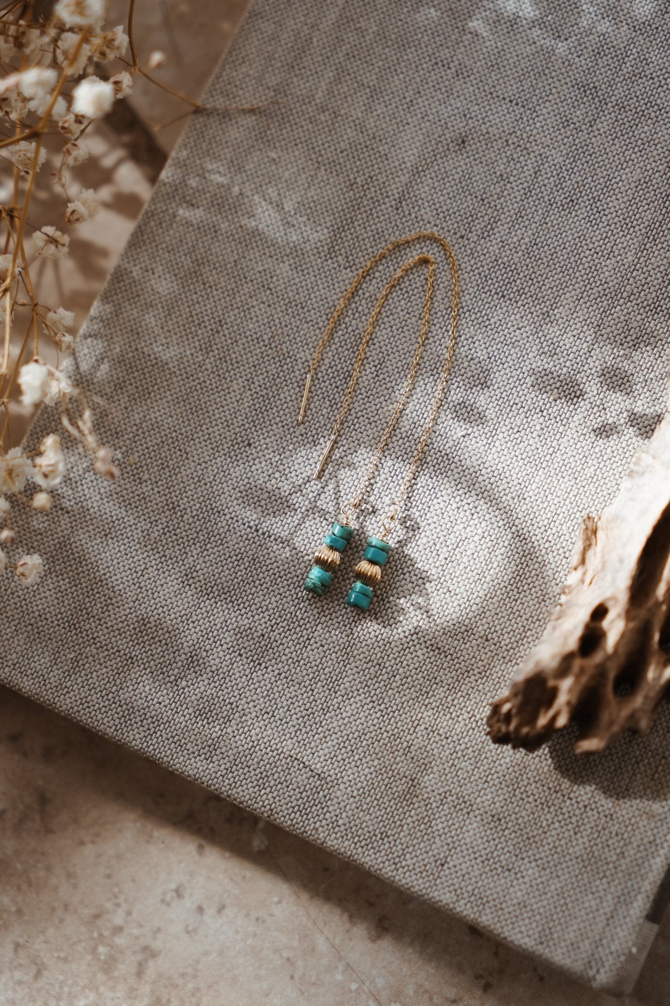 Dew Drop Ear Threaders in Hubei Turquoise - Golden Road Crafted