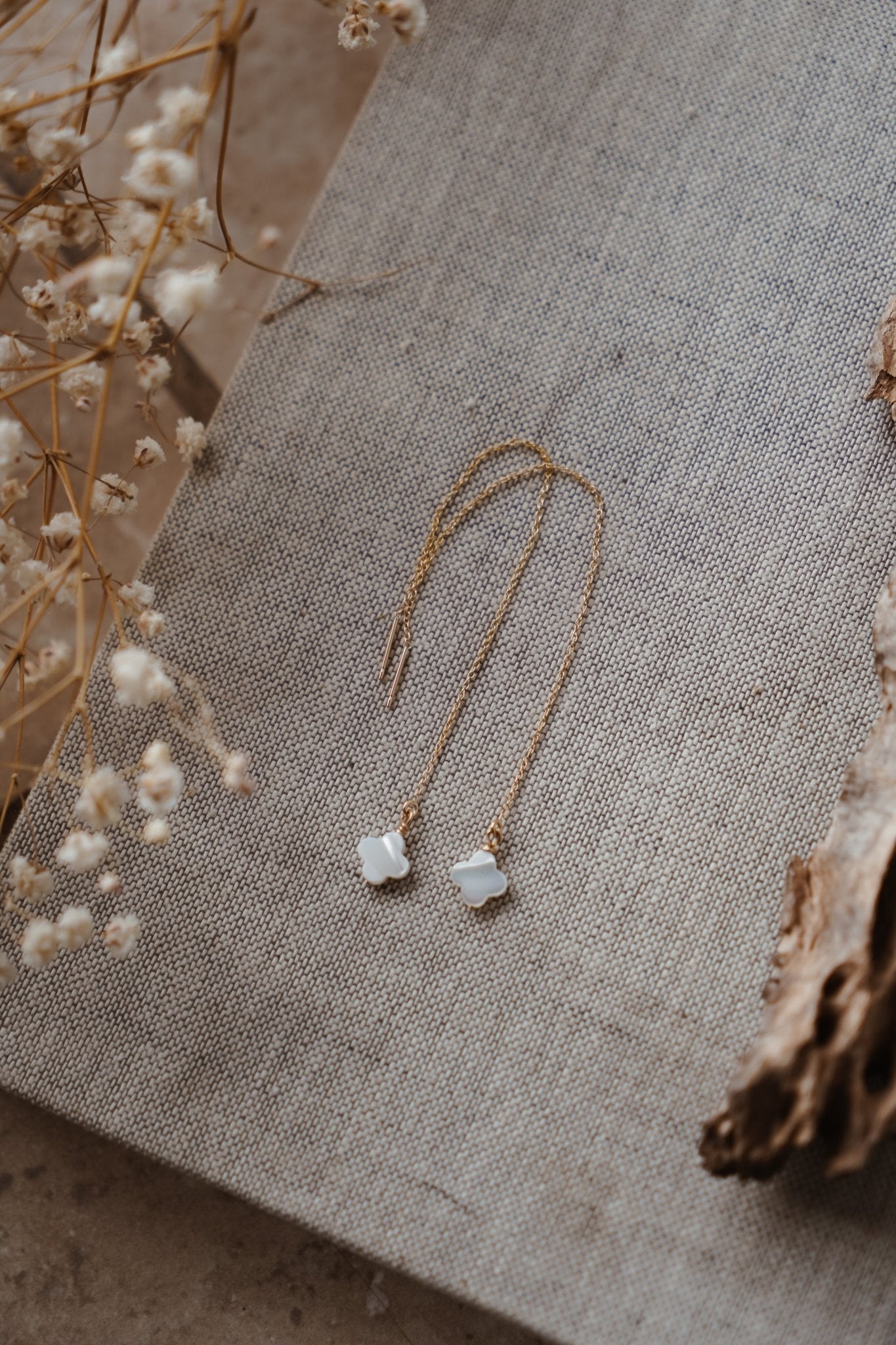 Dew Drop Ear Threaders in Mother of Pearl - Golden Road Crafted