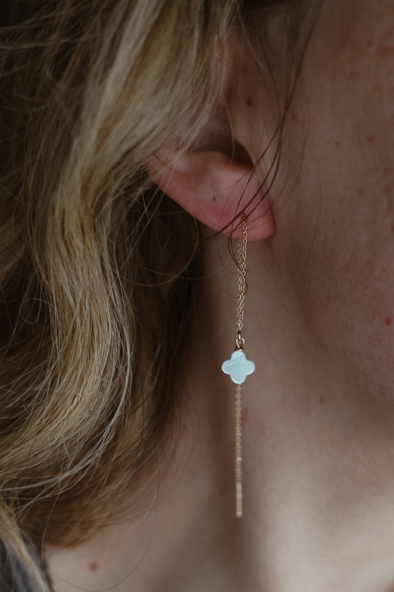 Dew Drop Ear Threaders in Mother of Pearl - Golden Road Crafted