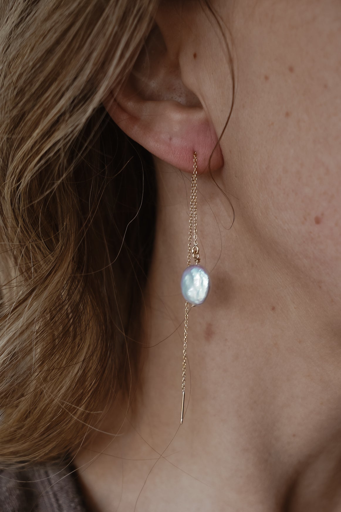 Dew Drop Ear Threaders in Mother of Pearl - Golden Road Crafted