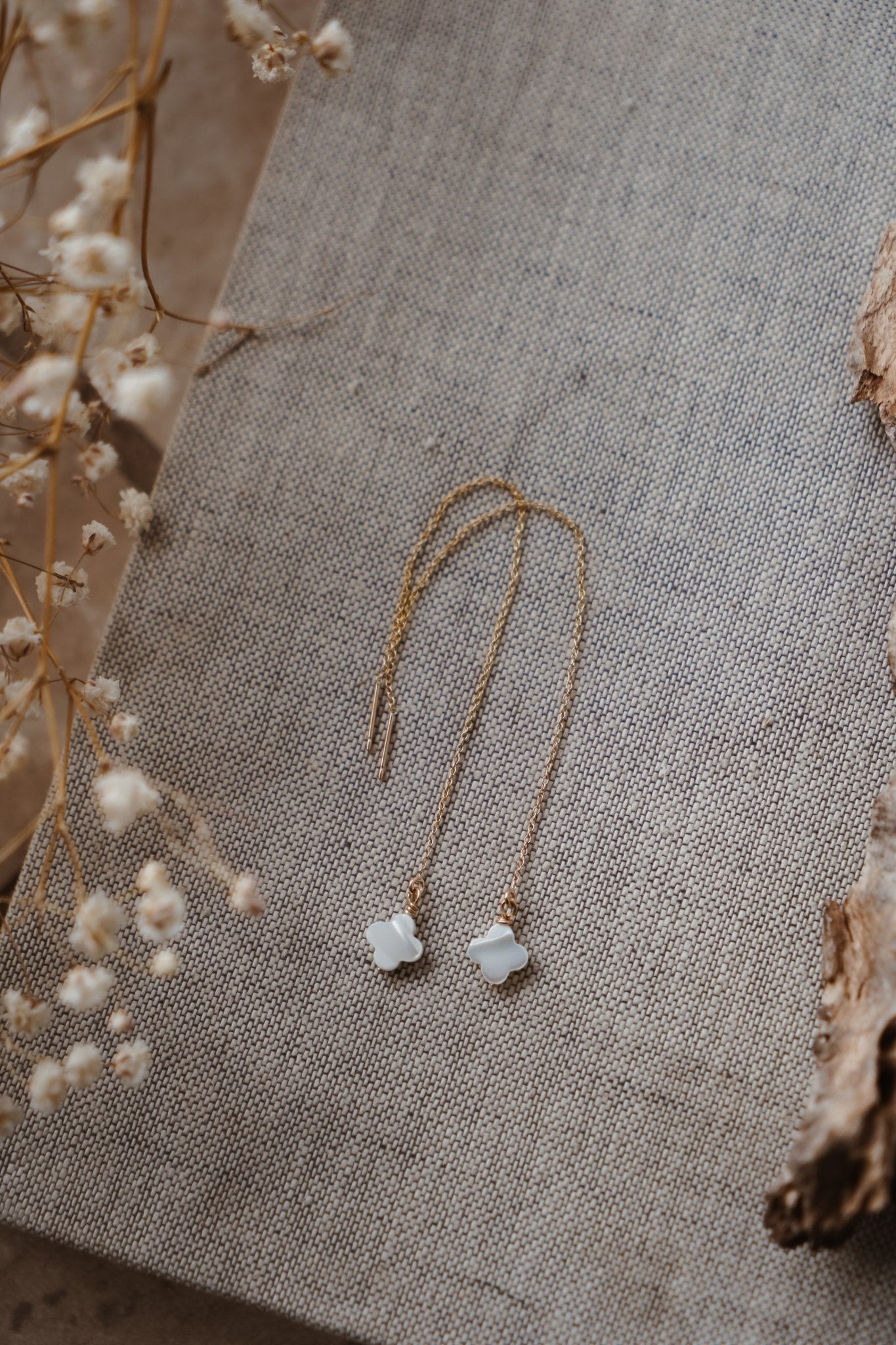 Dew Drop Ear Threaders in Mother of Pearl - Golden Road Crafted