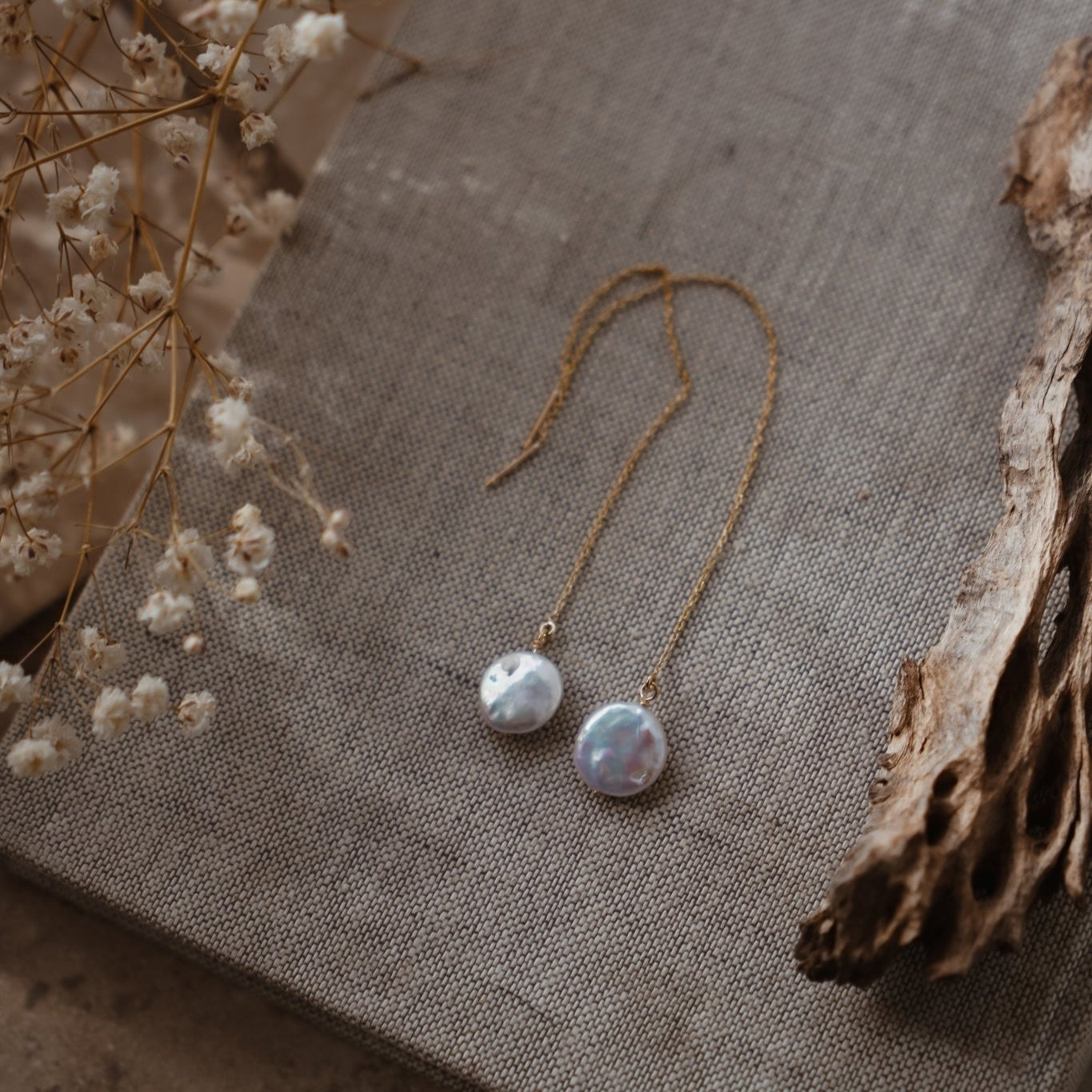 Dew Drop Ear Threaders in Mother of Pearl - Golden Road Crafted