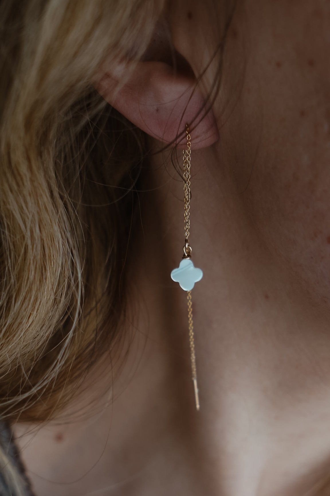 Dew Drop Ear Threaders in Mother of Pearl - Golden Road Crafted