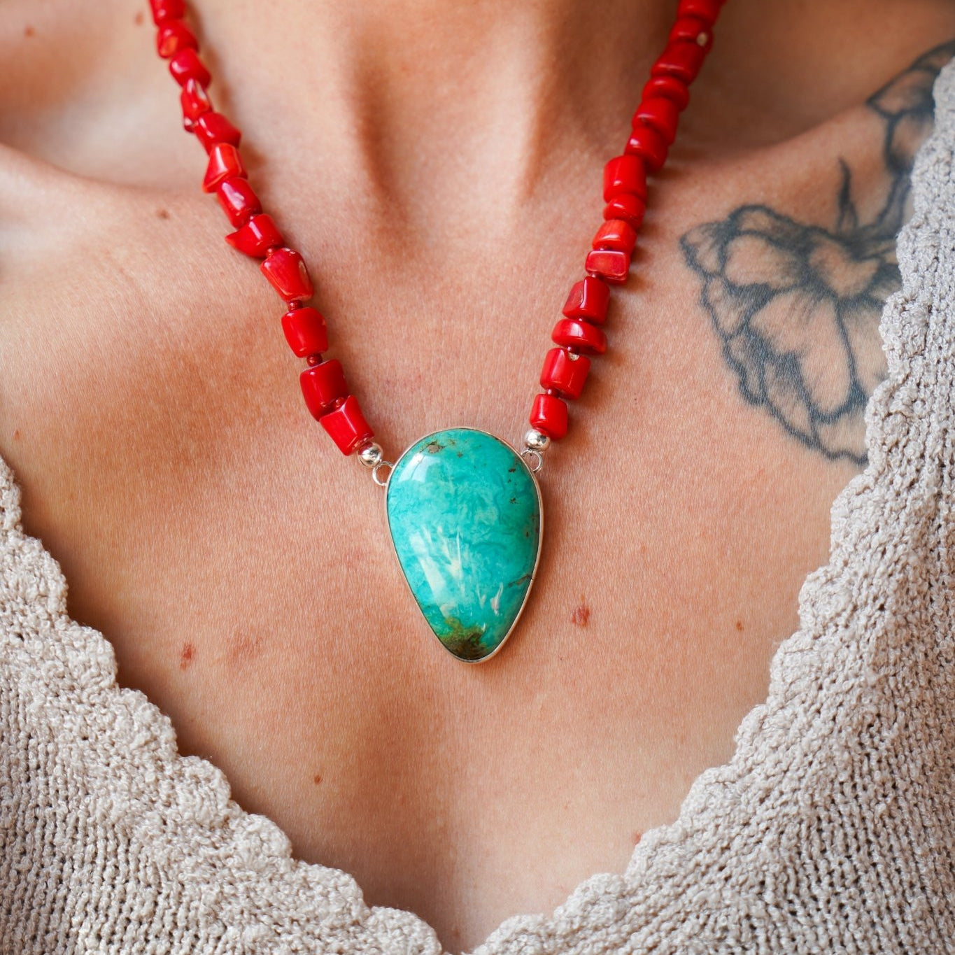 Dream Girl Necklace No. 1 in Hubei Turquoise & Red Coral - Golden Road Crafted