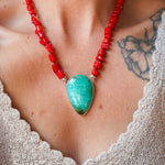 Dream Girl Necklace No. 1 in Hubei Turquoise & Red Coral - Golden Road Crafted