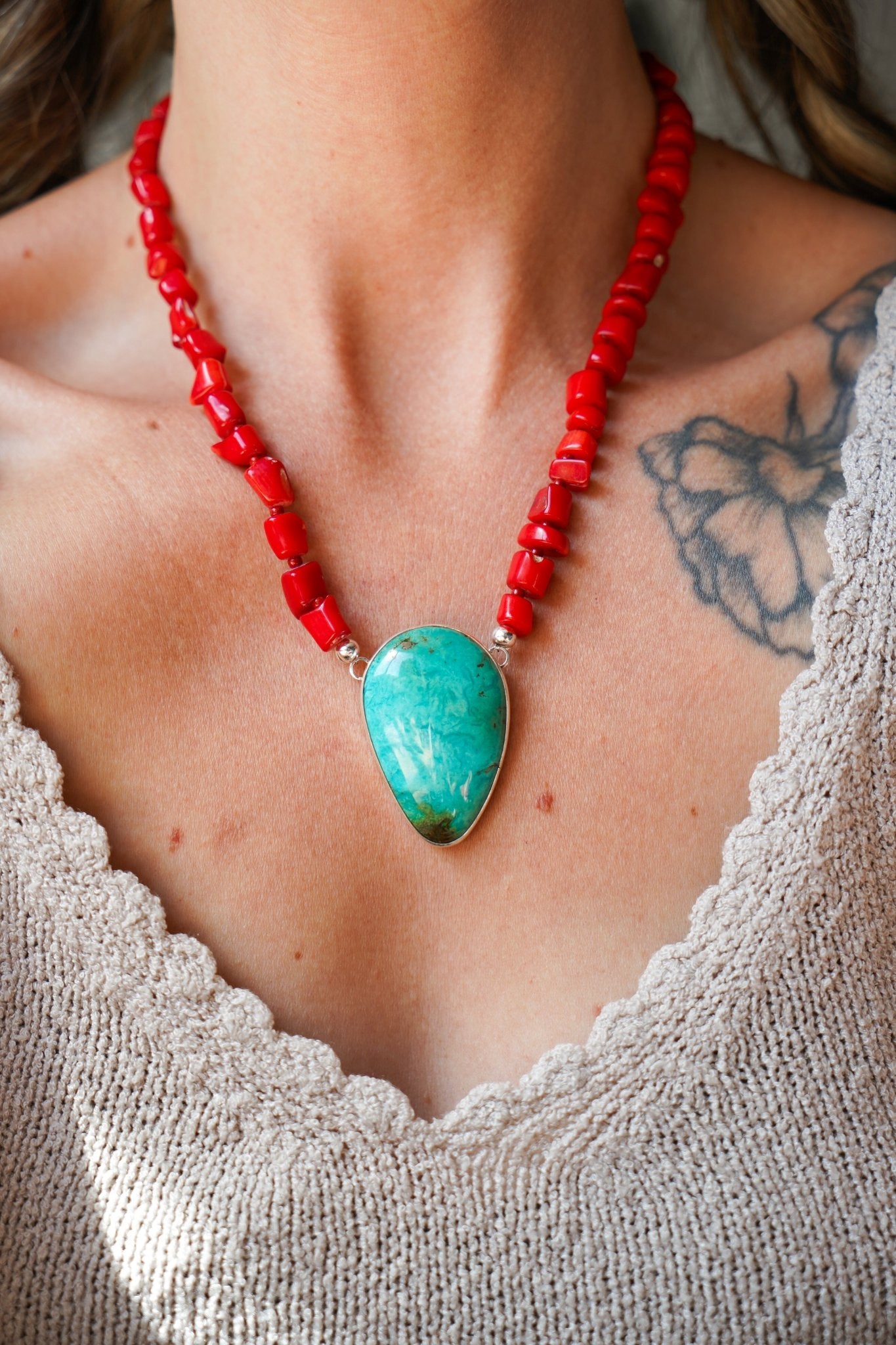 Dream Girl Necklace No. 1 in Hubei Turquoise & Red Coral - Golden Road Crafted