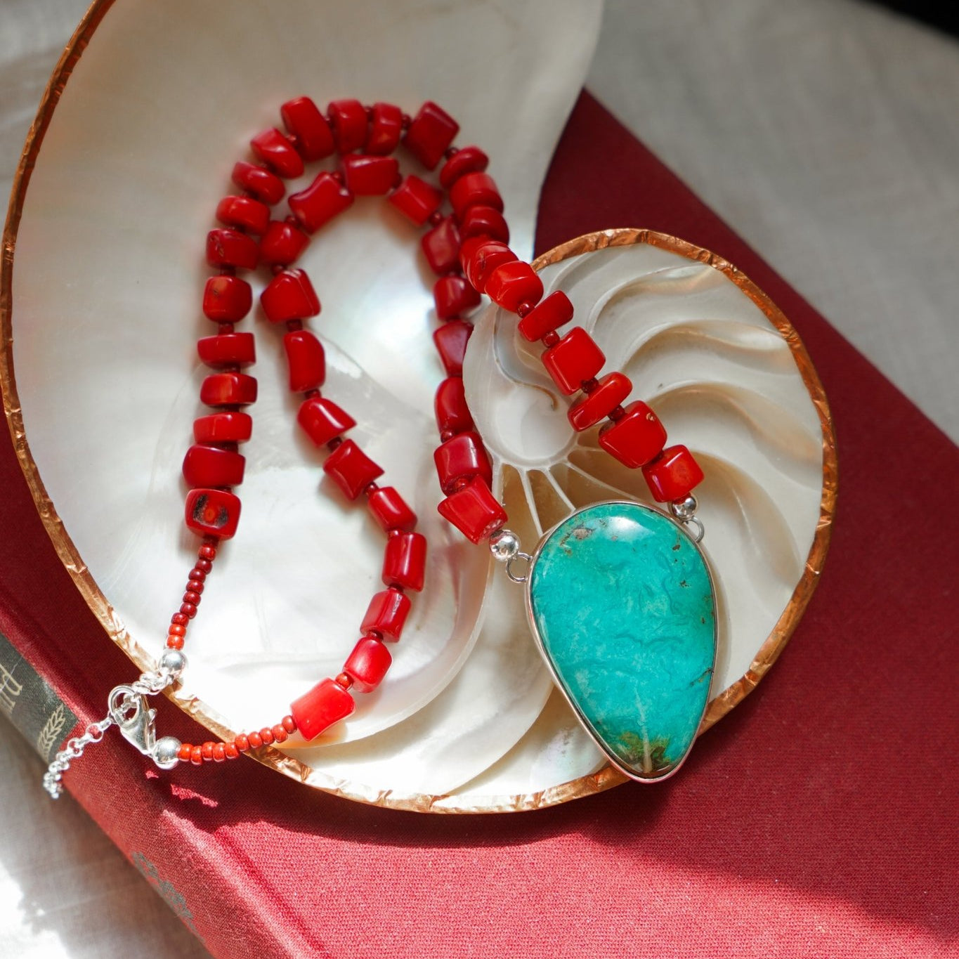 Dream Girl Necklace No. 1 in Hubei Turquoise & Red Coral - Golden Road Crafted