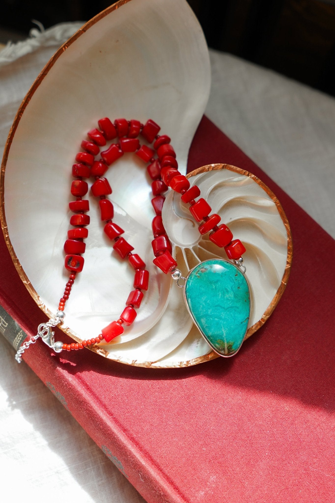 Dream Girl Necklace No. 1 in Hubei Turquoise & Red Coral - Golden Road Crafted