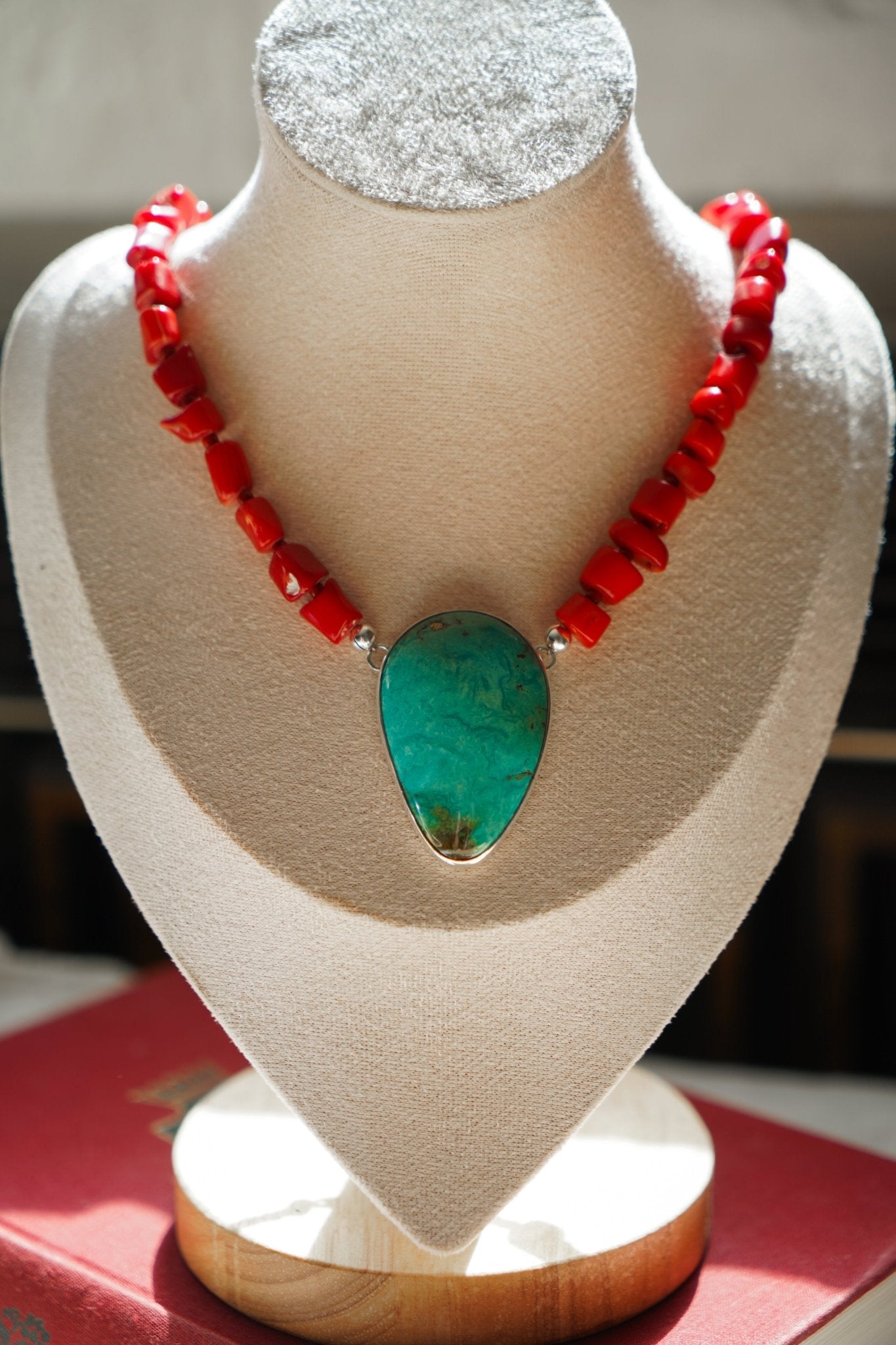 Dream Girl Necklace No. 1 in Hubei Turquoise & Red Coral - Golden Road Crafted