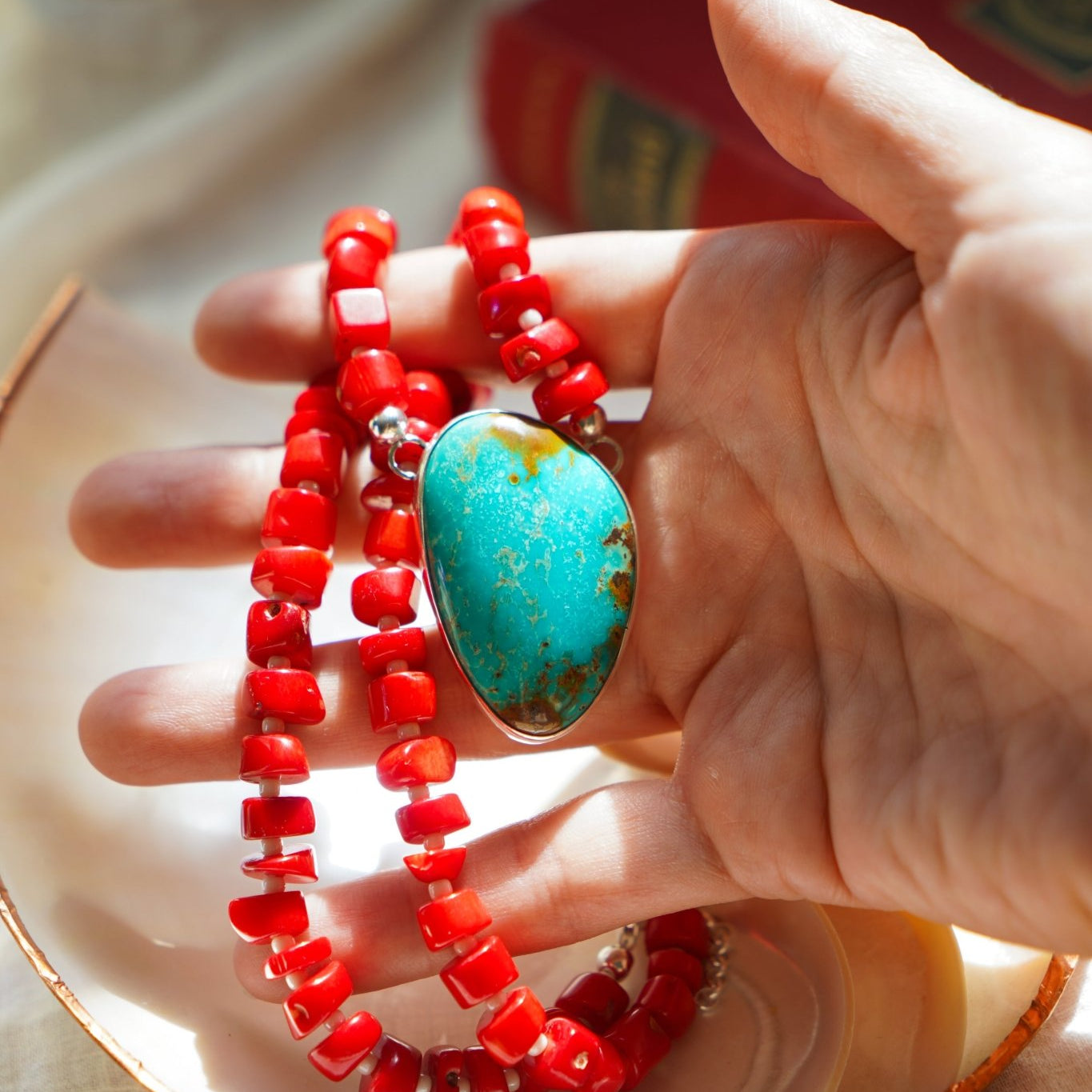 Dream Girl Necklace No. 2 in Hubei Turquoise & Red Coral - Golden Road Crafted