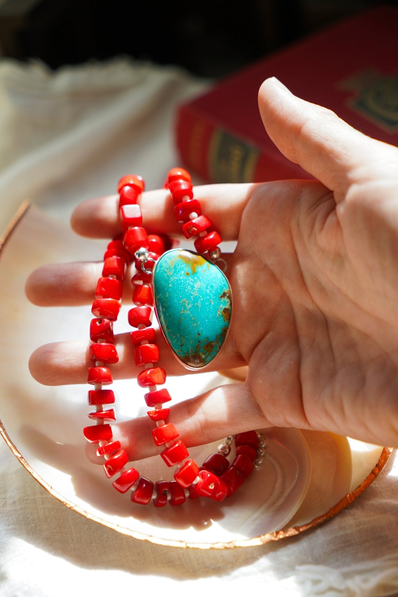 Dream Girl Necklace No. 2 in Hubei Turquoise & Red Coral - Golden Road Crafted