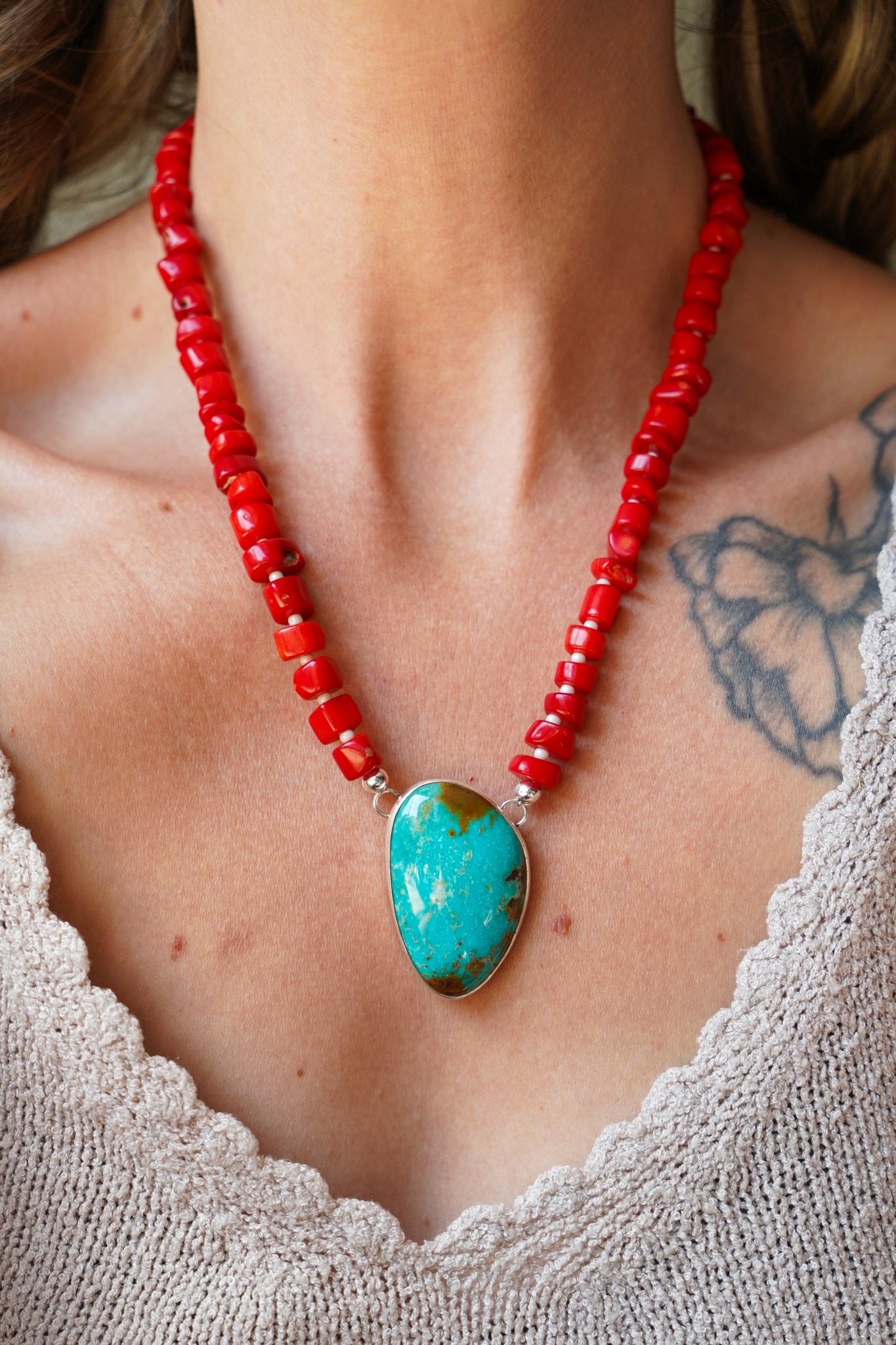 Dream Girl Necklace No. 2 in Hubei Turquoise & Red Coral - Golden Road Crafted