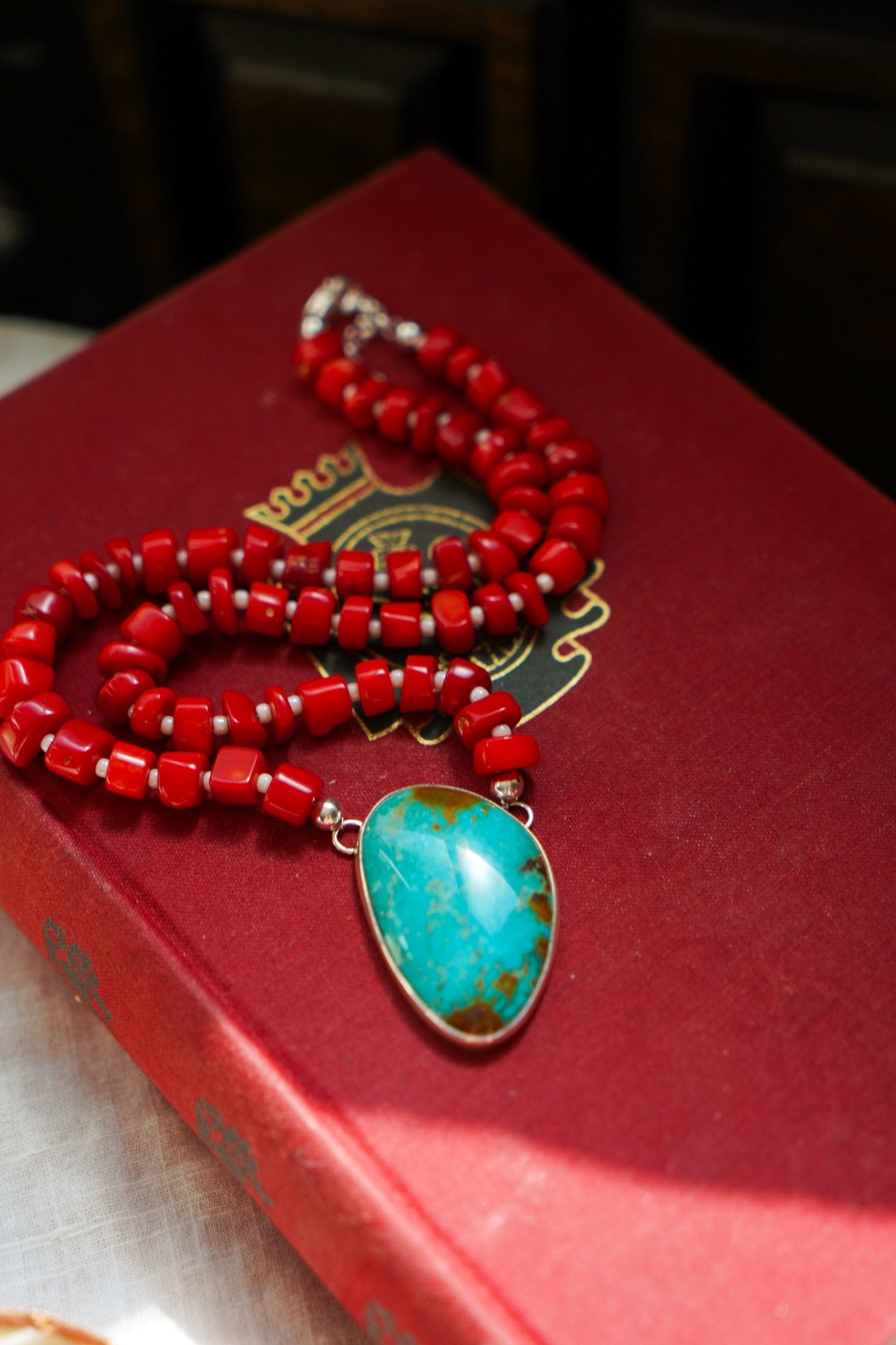 Dream Girl Necklace No. 2 in Hubei Turquoise & Red Coral - Golden Road Crafted