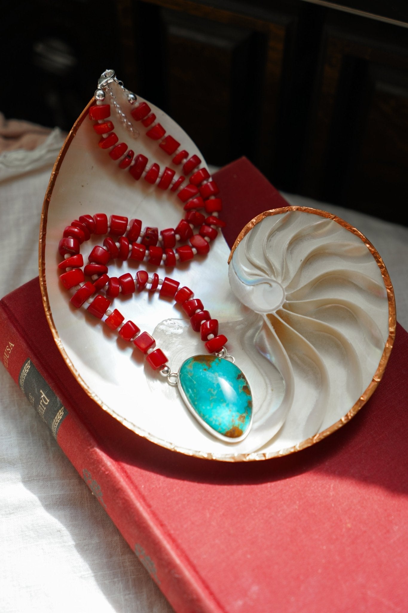 Dream Girl Necklace No. 2 in Hubei Turquoise & Red Coral - Golden Road Crafted