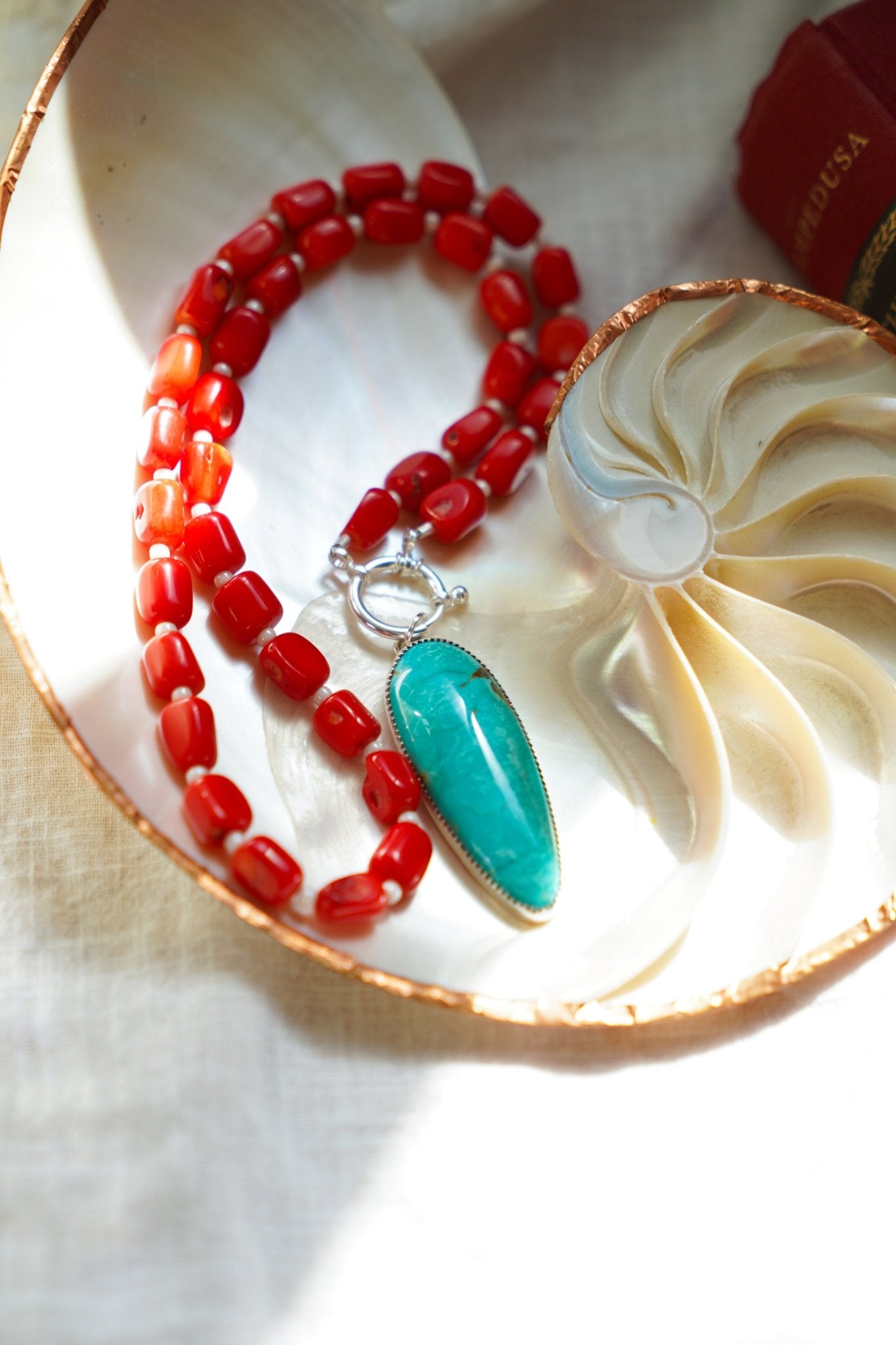 Dream Girl Necklace No. 3 in Hubei Turquoise & Red Coral - Golden Road Crafted