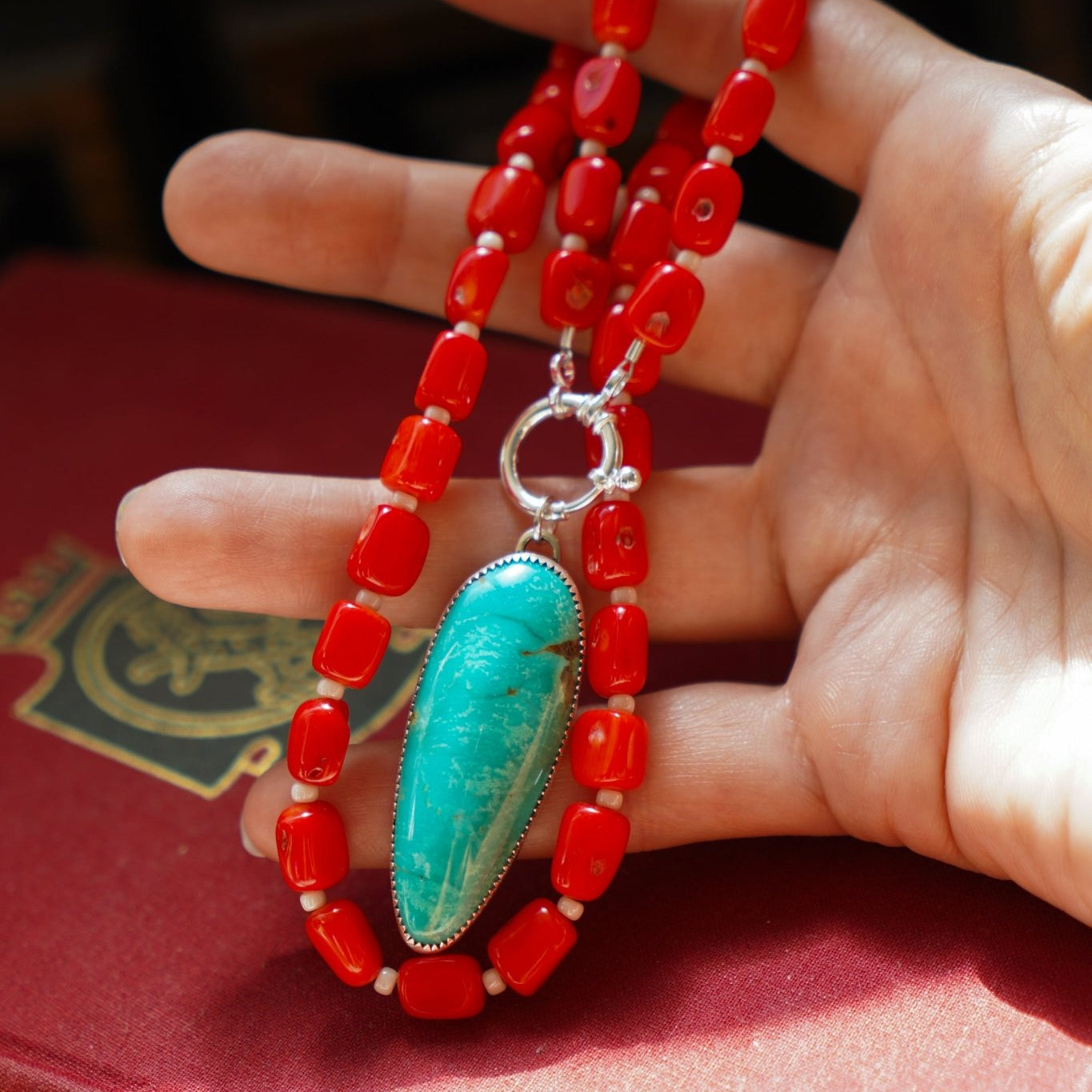 Dream Girl Necklace No. 3 in Hubei Turquoise & Red Coral - Golden Road Crafted