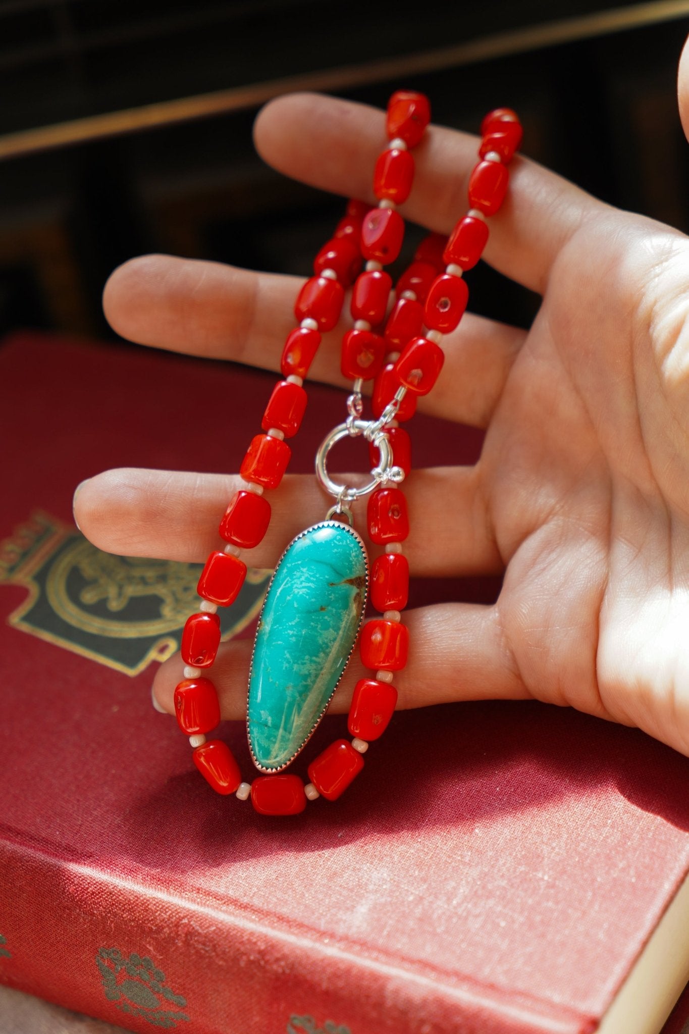Dream Girl Necklace No. 3 in Hubei Turquoise & Red Coral - Golden Road Crafted