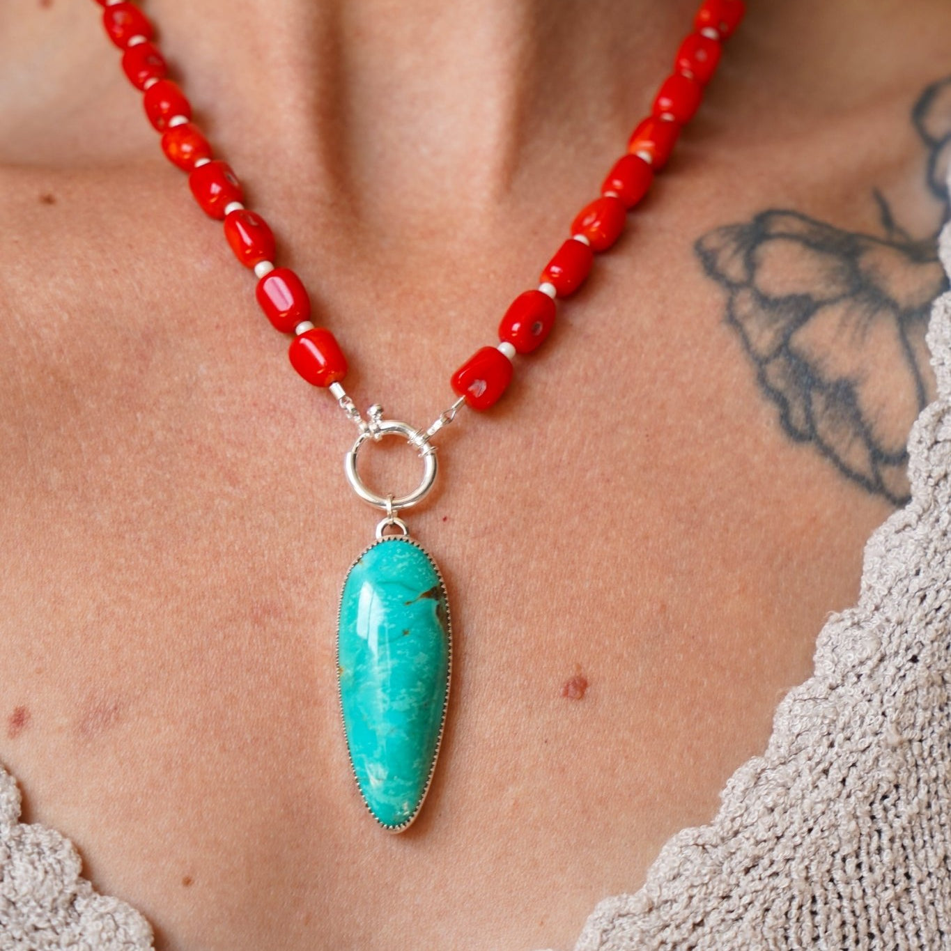Dream Girl Necklace No. 3 in Hubei Turquoise & Red Coral - Golden Road Crafted