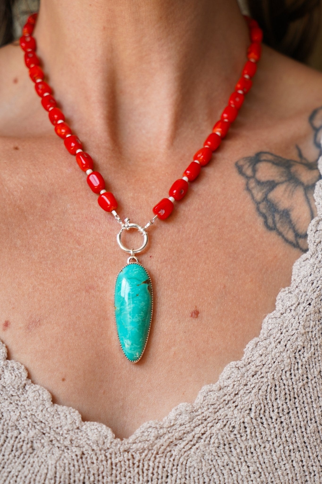 Dream Girl Necklace No. 3 in Hubei Turquoise & Red Coral - Golden Road Crafted