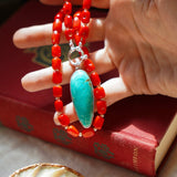 Dream Girl Necklace No. 3 in Hubei Turquoise & Red Coral - Golden Road Crafted