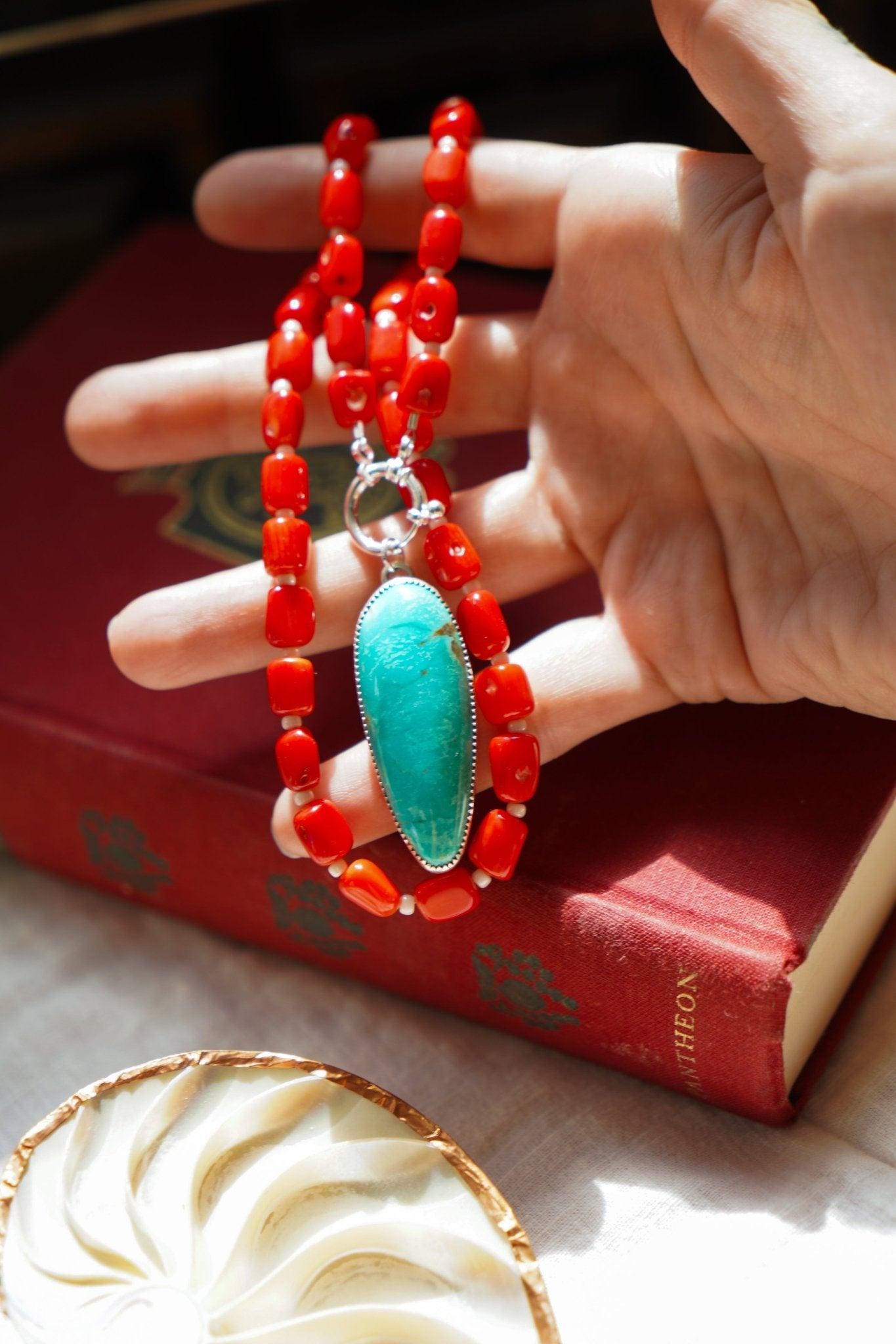 Dream Girl Necklace No. 3 in Hubei Turquoise & Red Coral - Golden Road Crafted