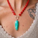 Dream Girl Necklace No. 3 in Hubei Turquoise & Red Coral - Golden Road Crafted