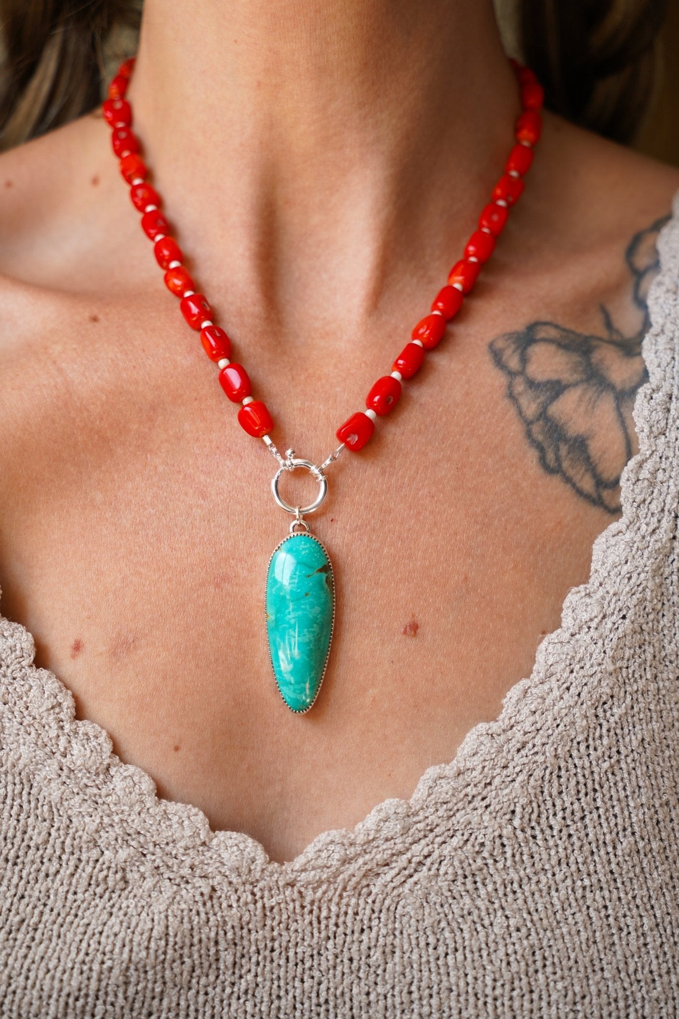 Dream Girl Necklace No. 3 in Hubei Turquoise & Red Coral - Golden Road Crafted