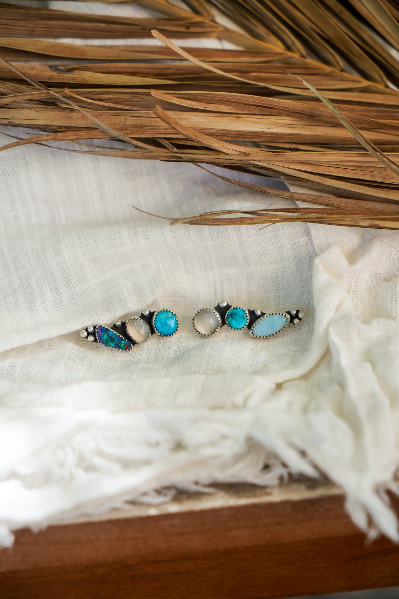Ear Crawler in Boulder Opal Doublet, Sterling Opal, Moonstone, & Kingman Turquoise - Golden Road Crafted