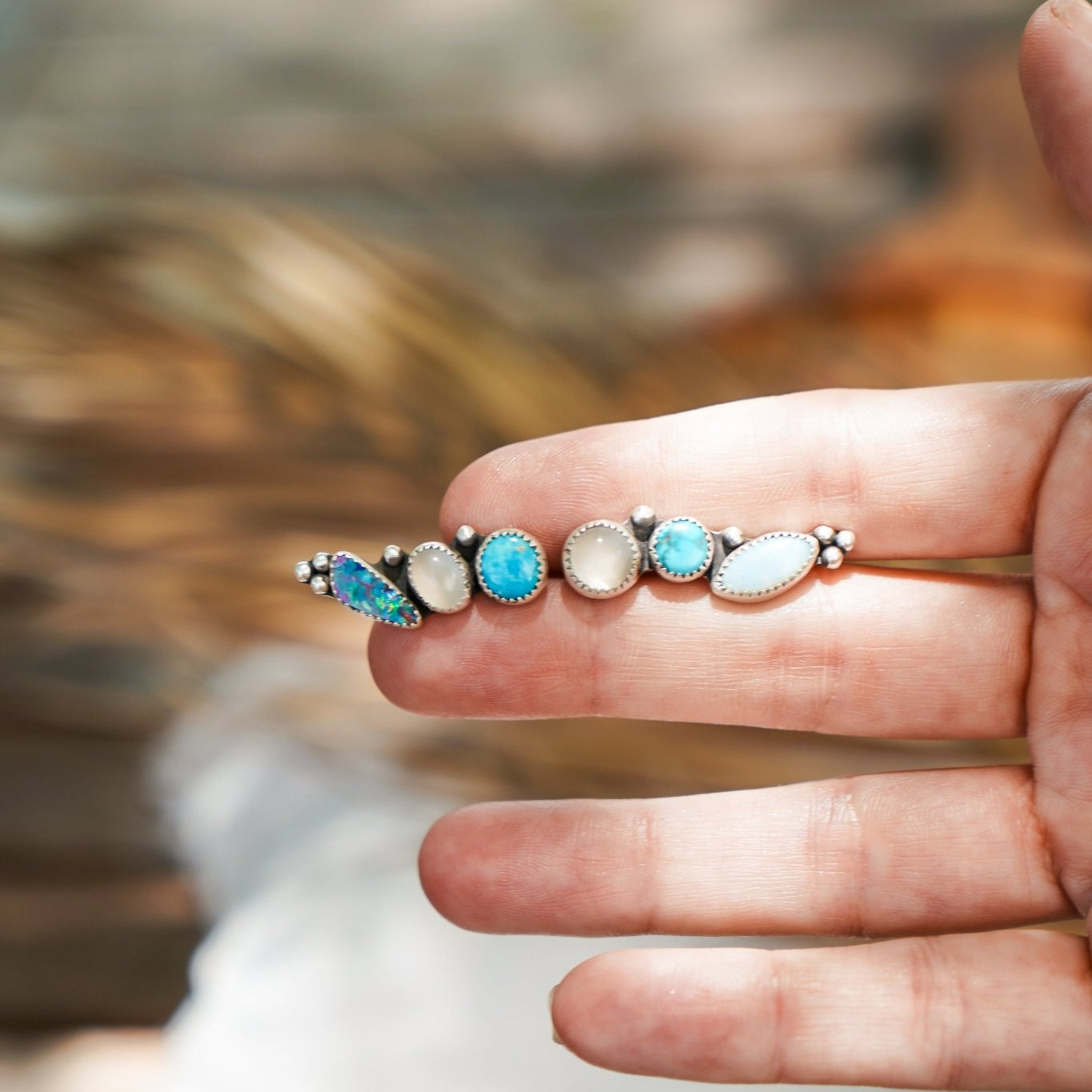 Ear Crawler in Boulder Opal Doublet, Sterling Opal, Moonstone, & Kingman Turquoise - Golden Road Crafted