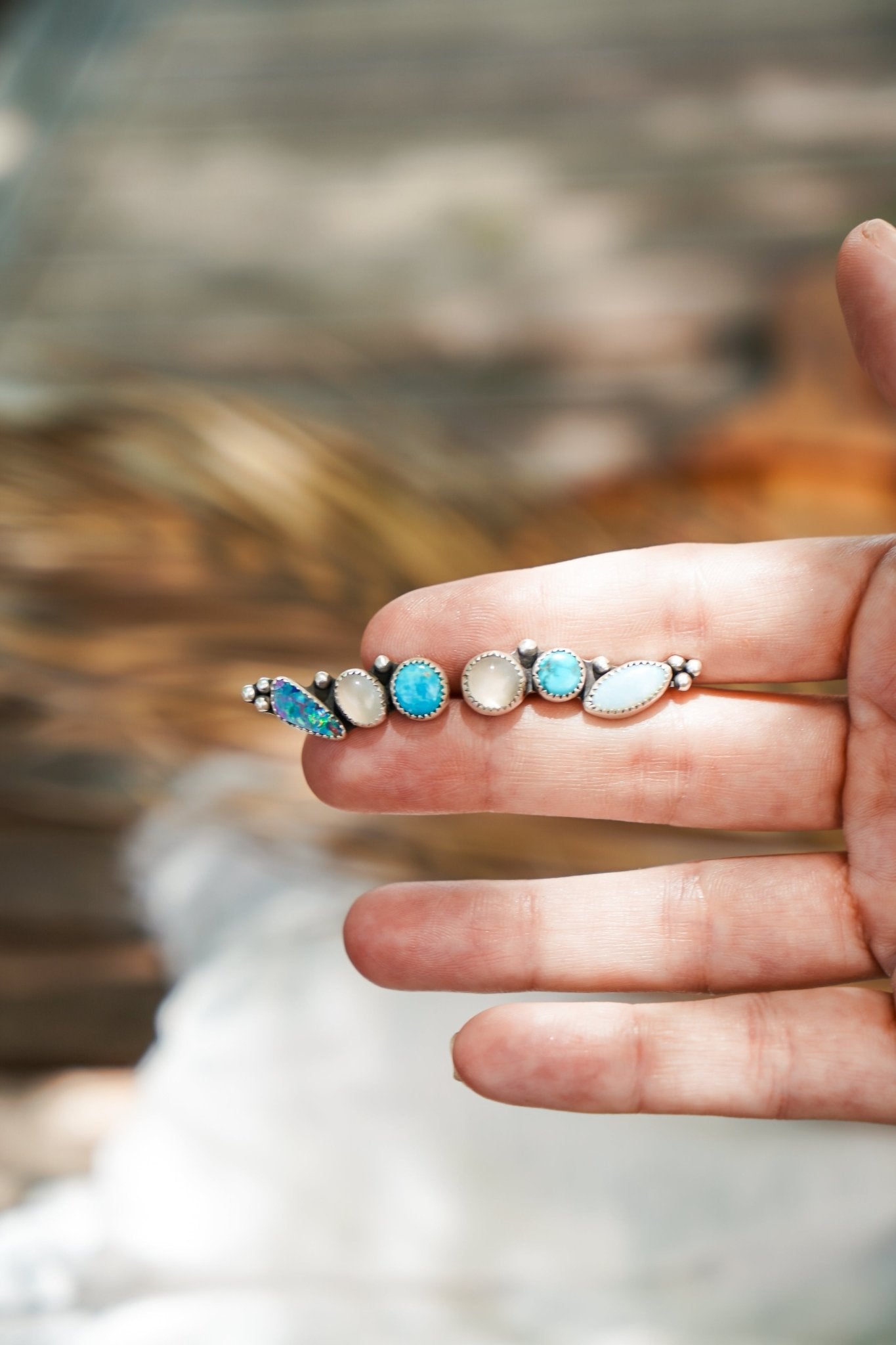 Ear Crawler in Boulder Opal Doublet, Sterling Opal, Moonstone, & Kingman Turquoise - Golden Road Crafted
