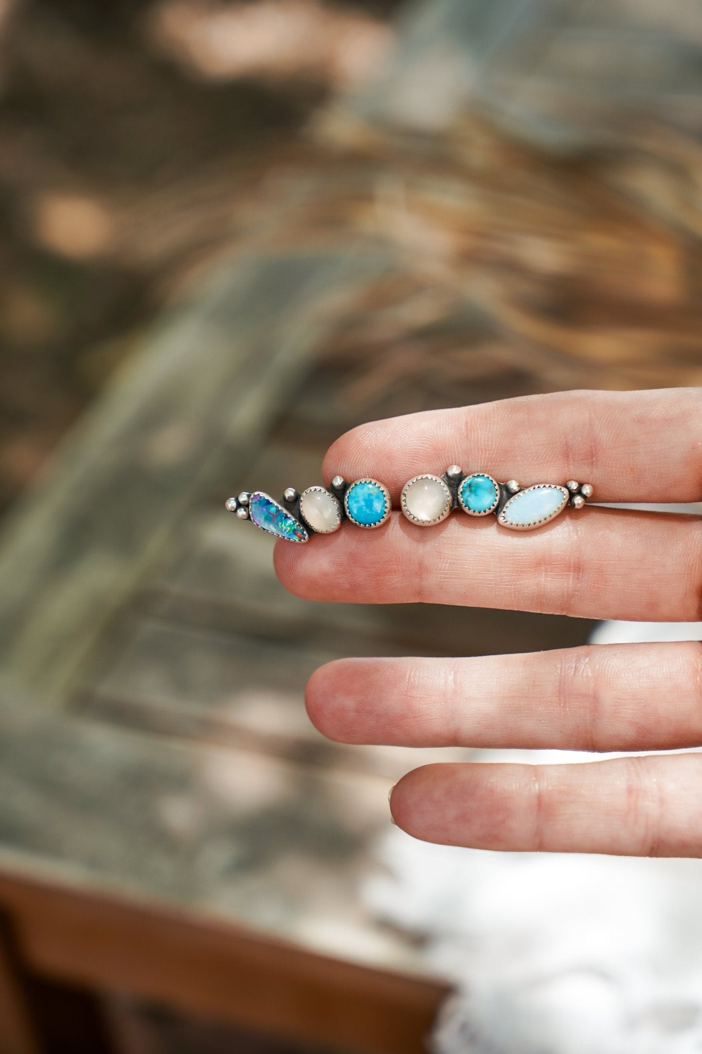 Ear Crawler in Boulder Opal Doublet, Sterling Opal, Moonstone, & Kingman Turquoise - Golden Road Crafted