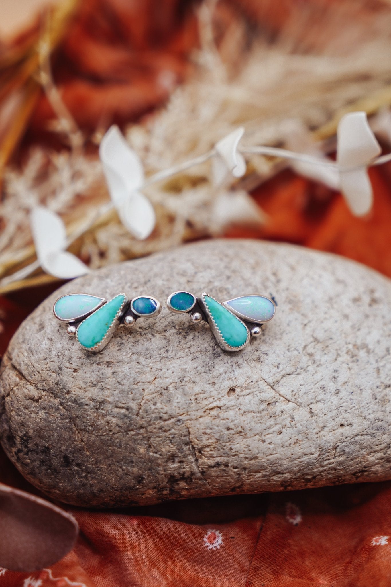 Ear Crawlers in Boulder Opal Doublet, Sterling Opal, & Campitos Turquoise - Golden Road Crafted