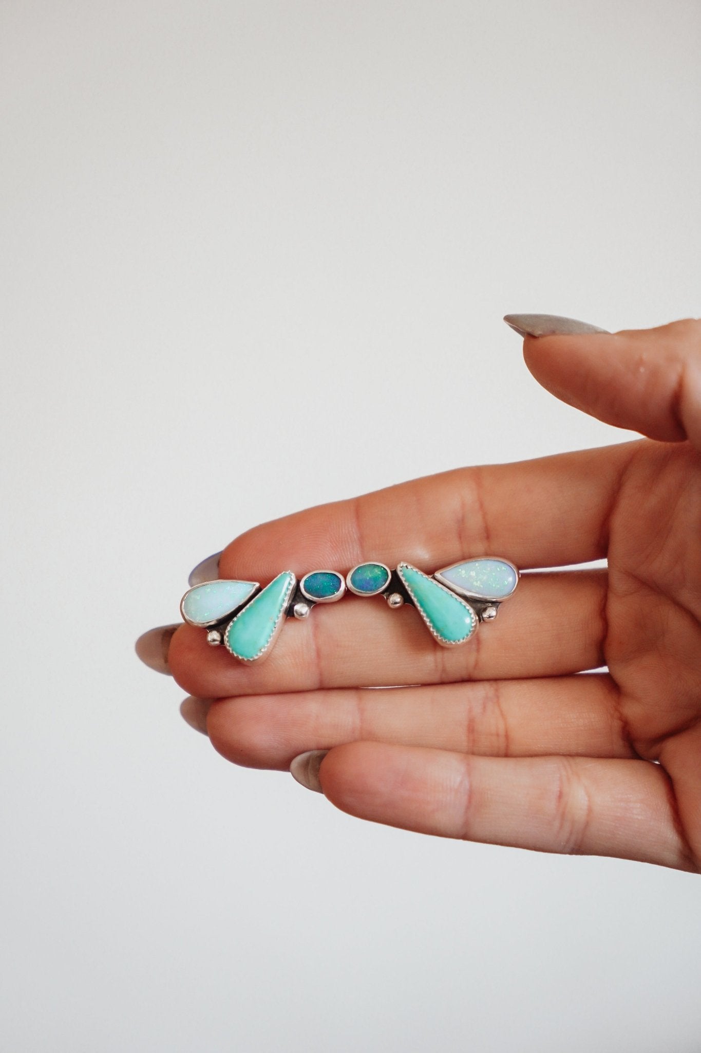 Ear Crawlers in Boulder Opal Doublet, Sterling Opal, & Campitos Turquoise - Golden Road Crafted
