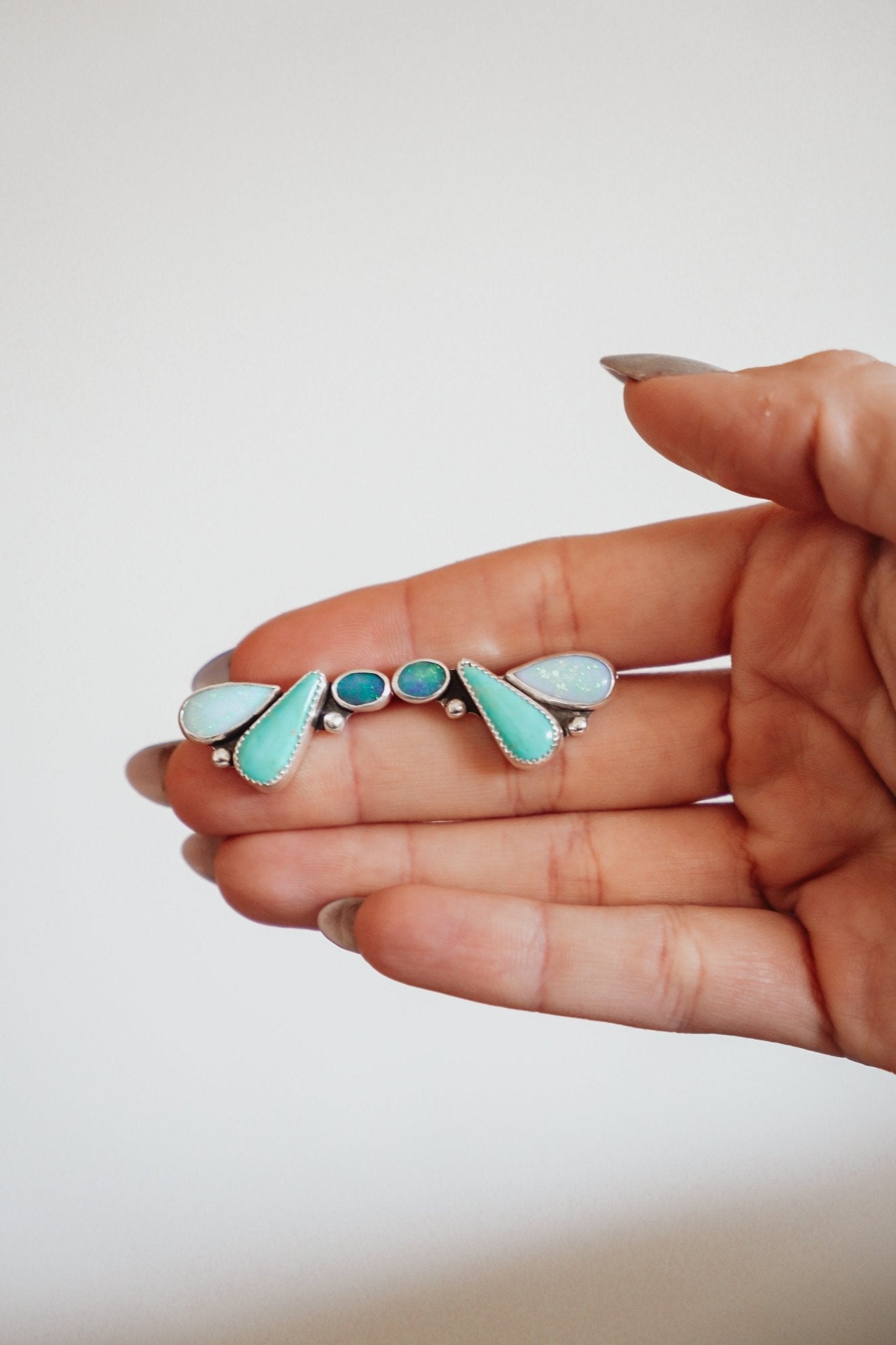 Ear Crawlers in Boulder Opal Doublet, Sterling Opal, & Campitos Turquoise - Golden Road Crafted