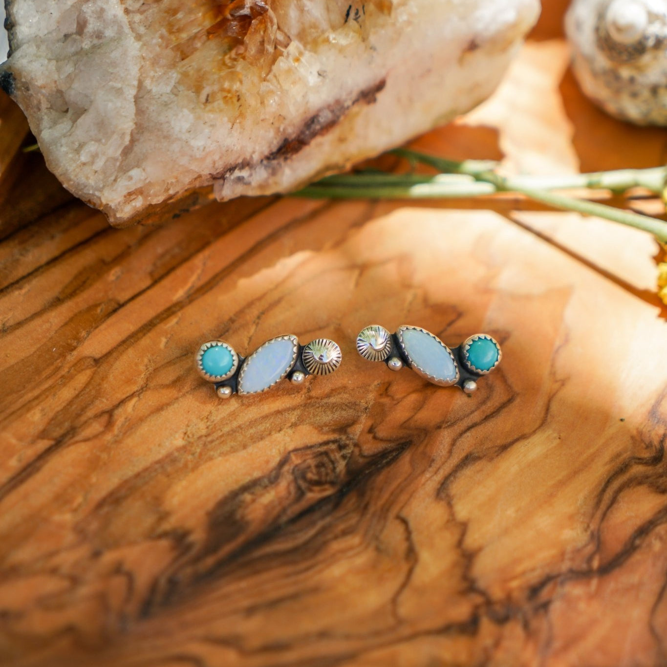 Ear Crawlers in Sterling Opal, & Hubei Turquoise - Golden Road Crafted