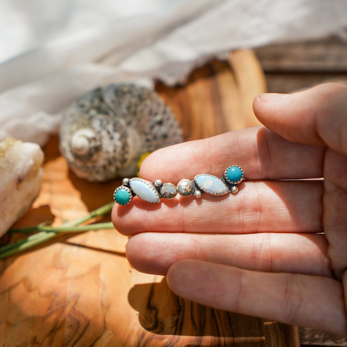 Ear Crawlers in Sterling Opal & Hubei Turquoise - Golden Road Crafted