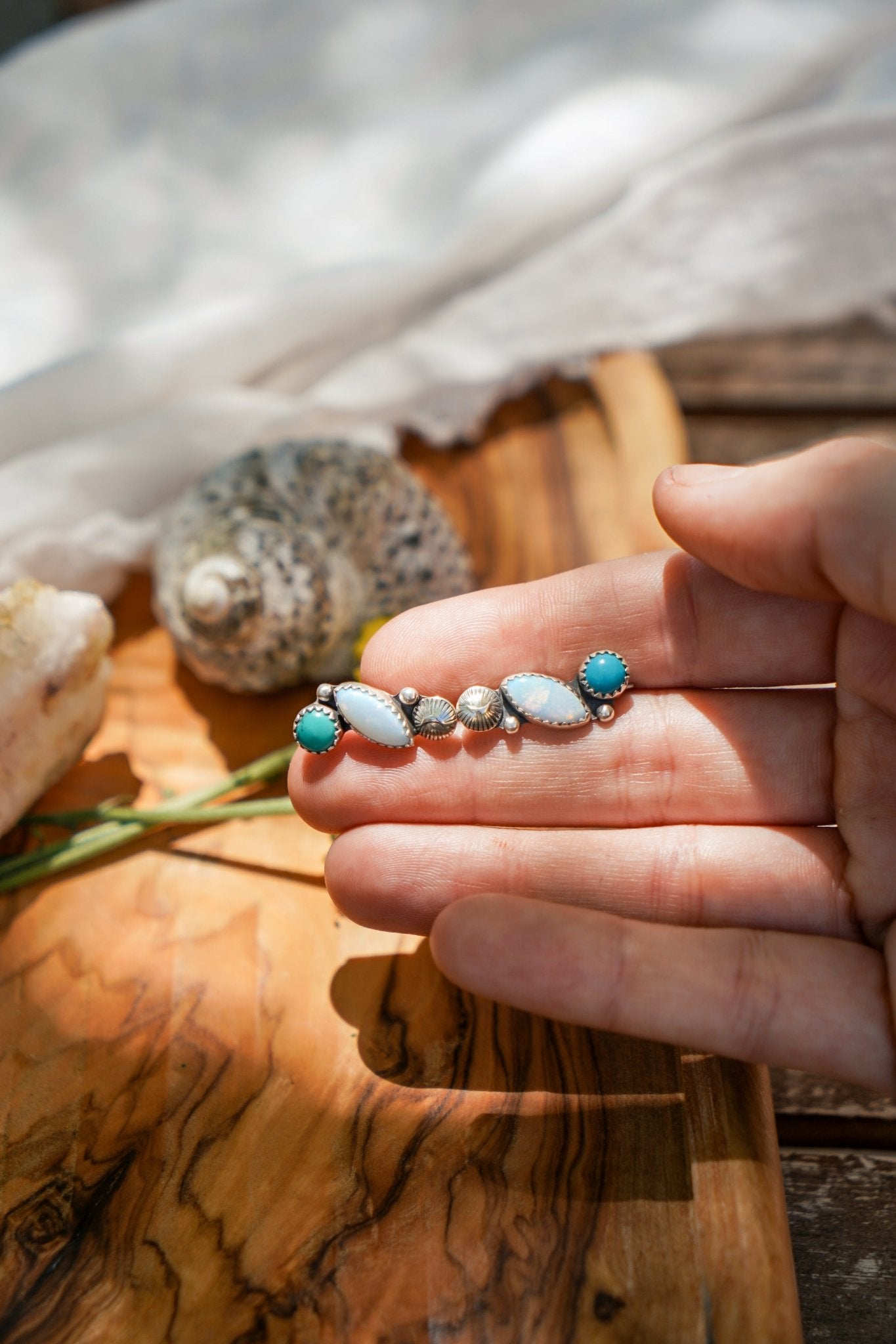 Ear Crawlers in Sterling Opal & Hubei Turquoise - Golden Road Crafted