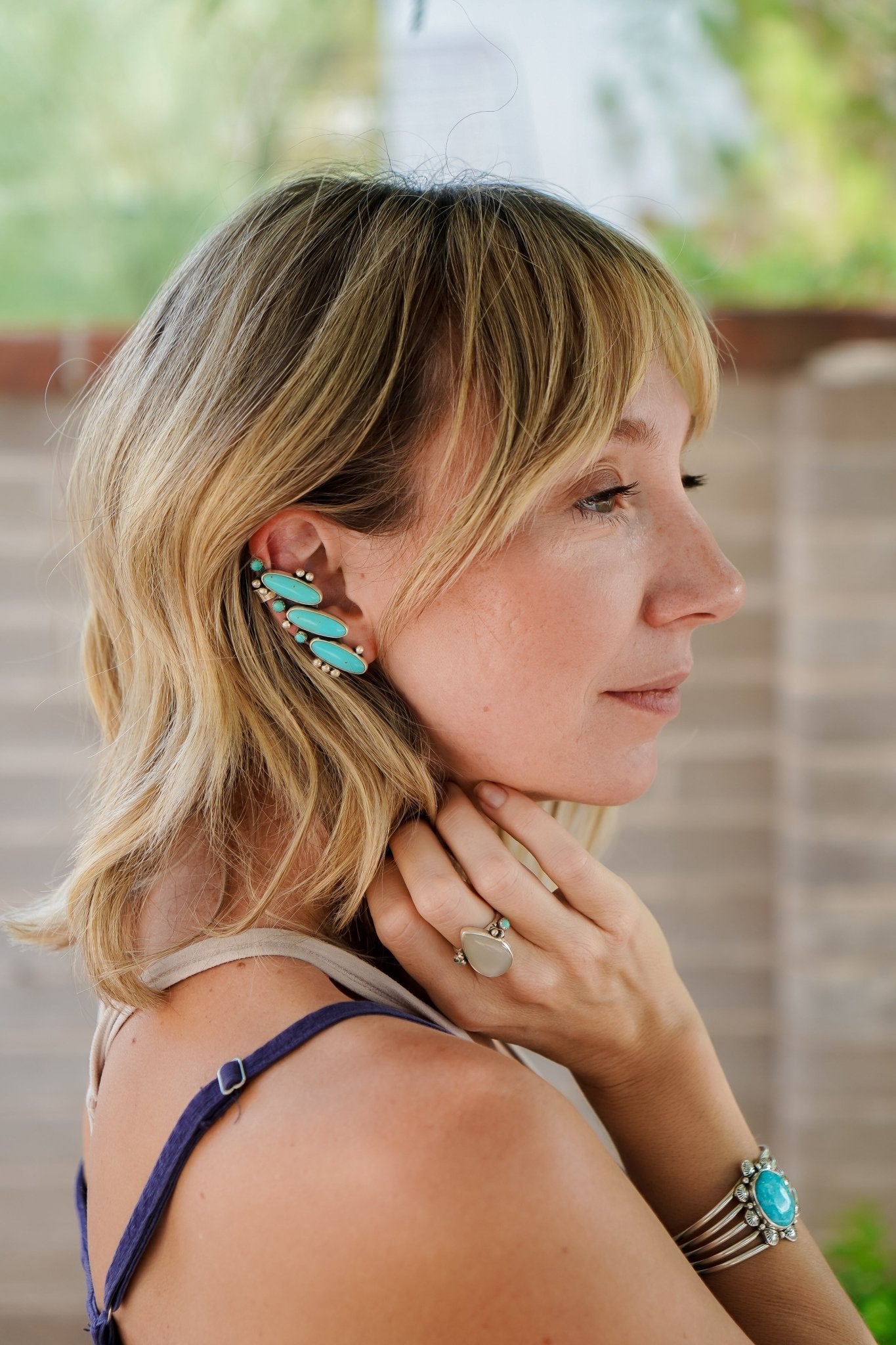 Ear Cuff in Campitos & Lone Mtn Turquoise - Golden Road Crafted
