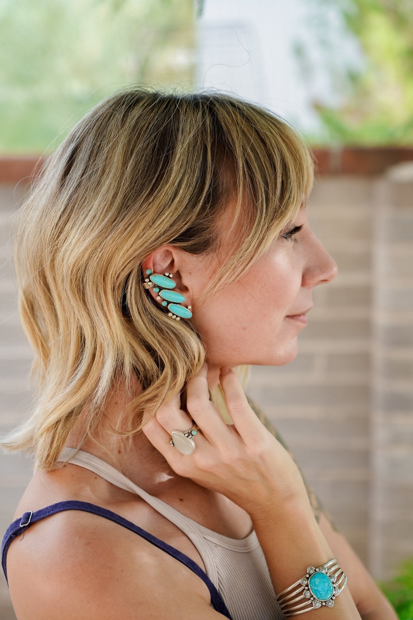 Ear Cuff in Campitos & Lone Mtn Turquoise - Golden Road Crafted