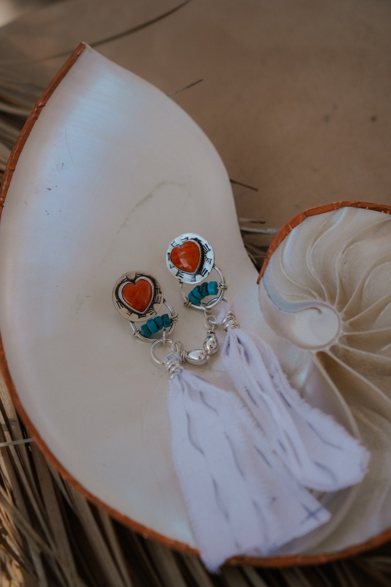 Earrings in Spiny Oyster Hearts - Golden Road Crafted