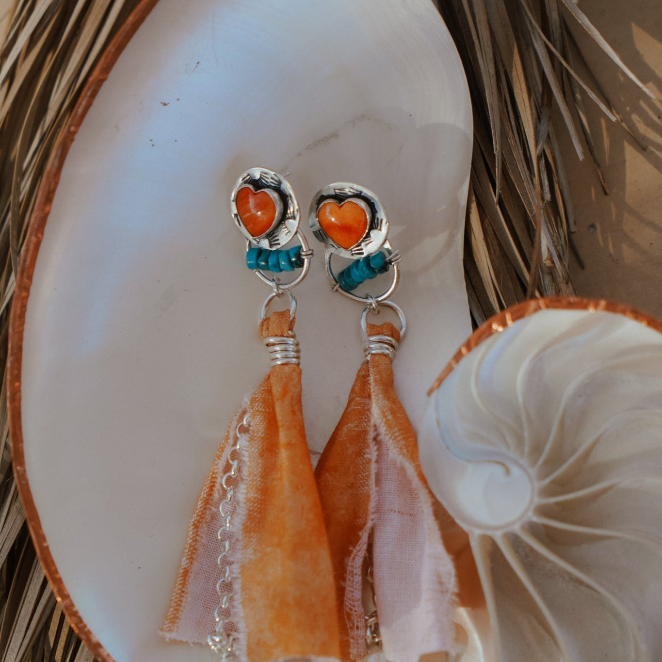 Earrings in Spiny Oyster Hearts and pearl beads - Golden Road Crafted