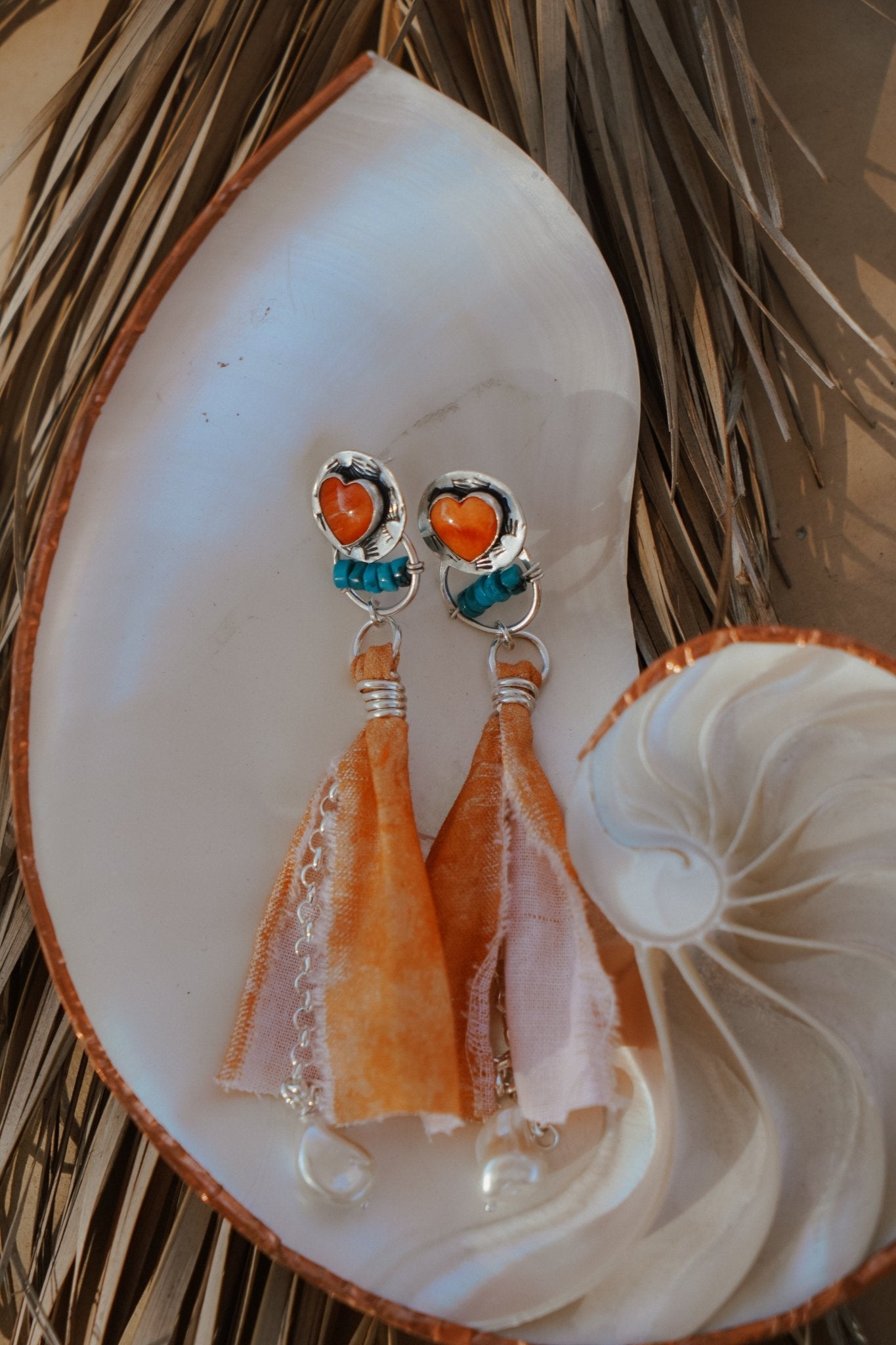 Earrings in Spiny Oyster Hearts and pearl beads - Golden Road Crafted