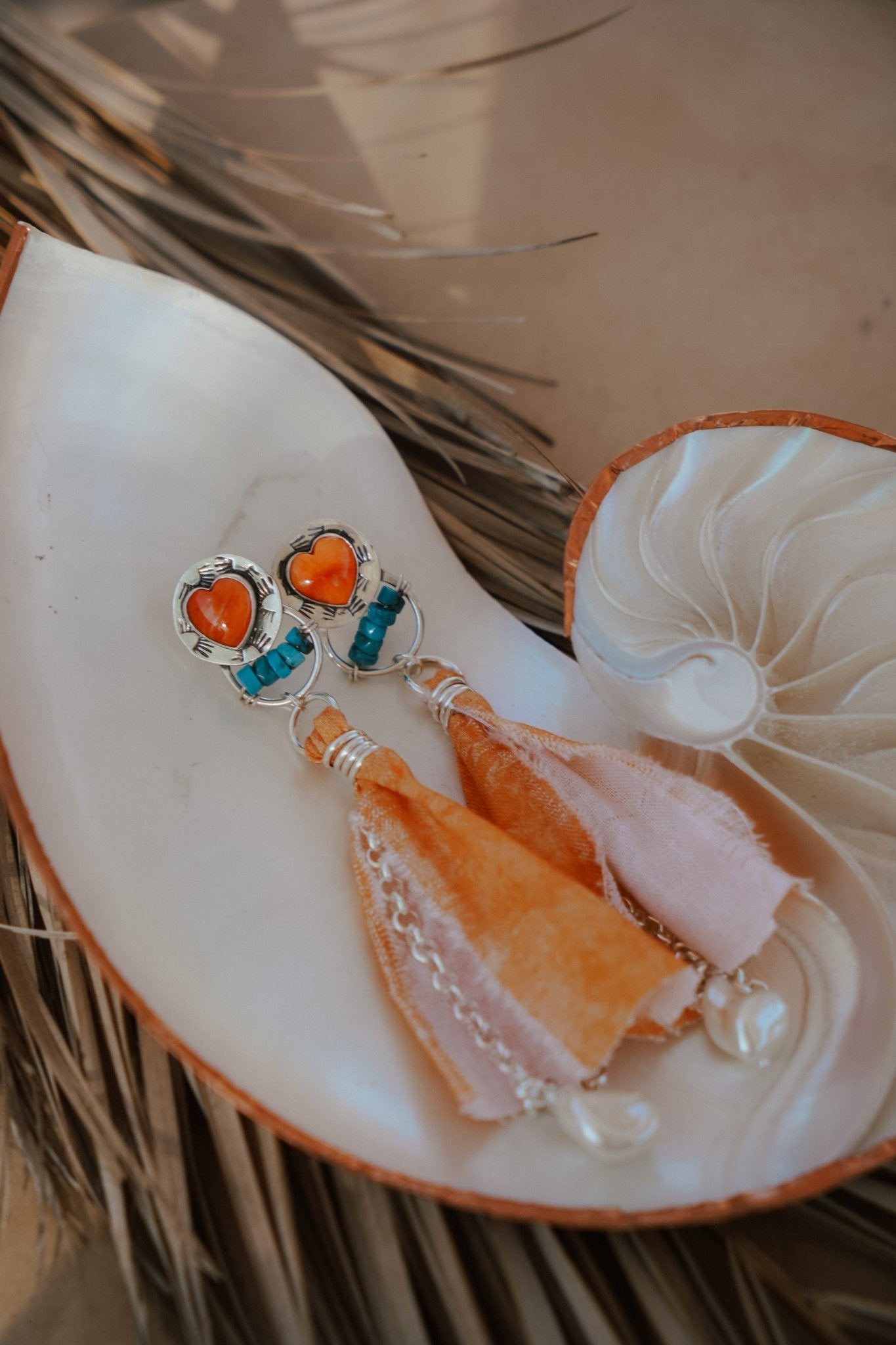 Earrings in Spiny Oyster Hearts and pearl beads - Golden Road Crafted