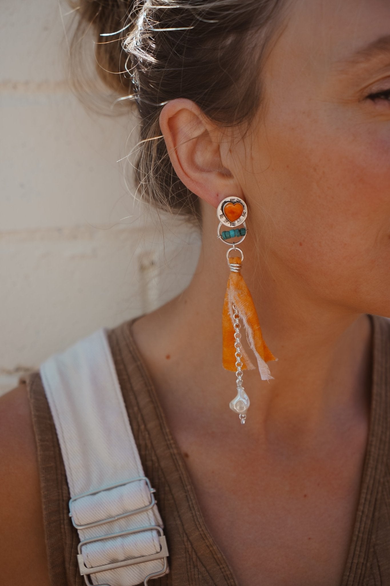 Earrings in Spiny Oyster Hearts and pearl beads - Golden Road Crafted