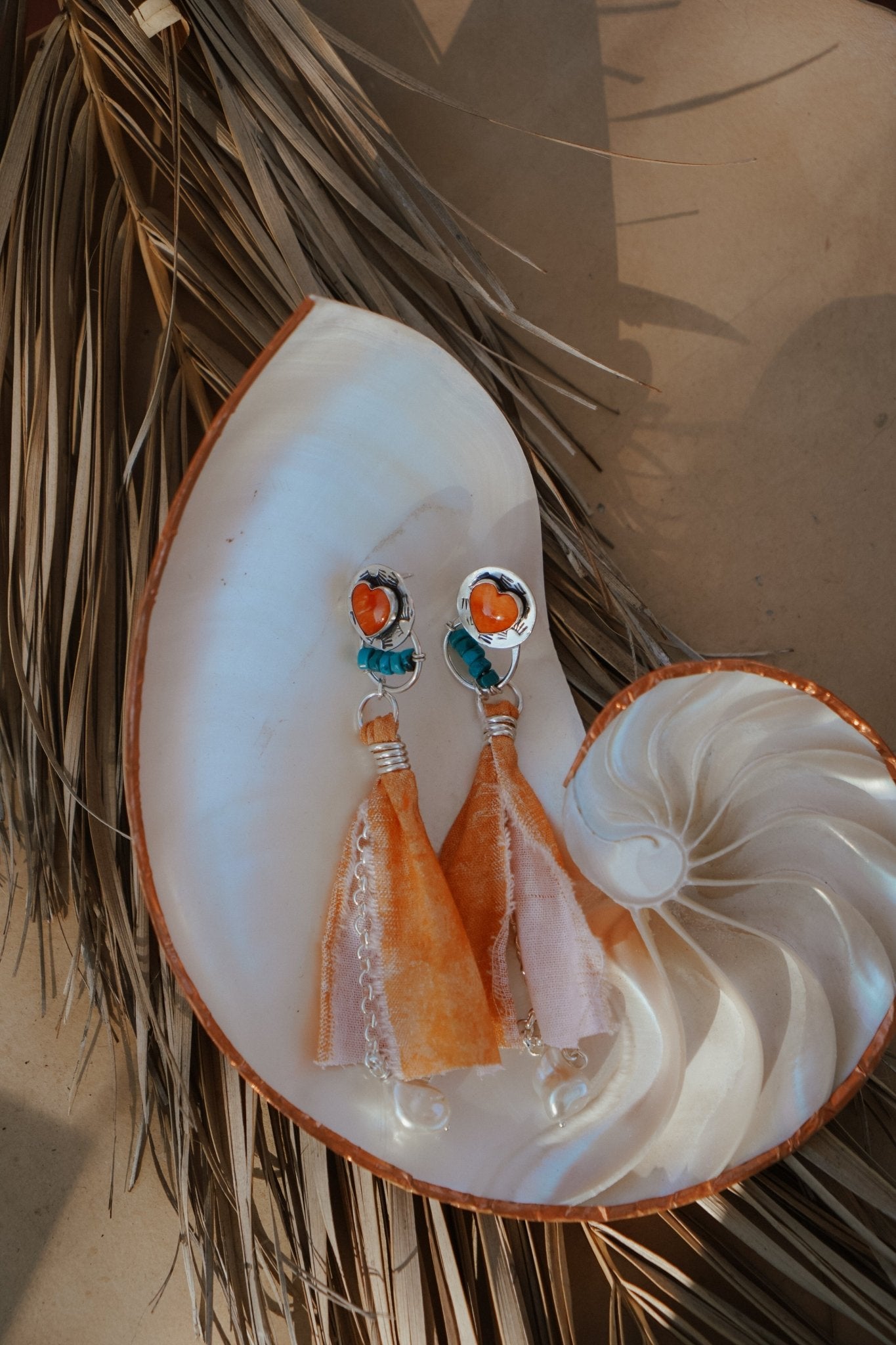 Earrings in Spiny Oyster Hearts and pearl beads - Golden Road Crafted