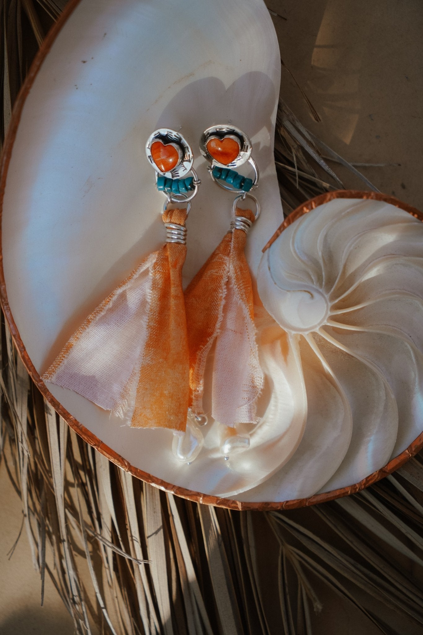 Earrings in Spiny Oyster Hearts and pearl beads - Golden Road Crafted