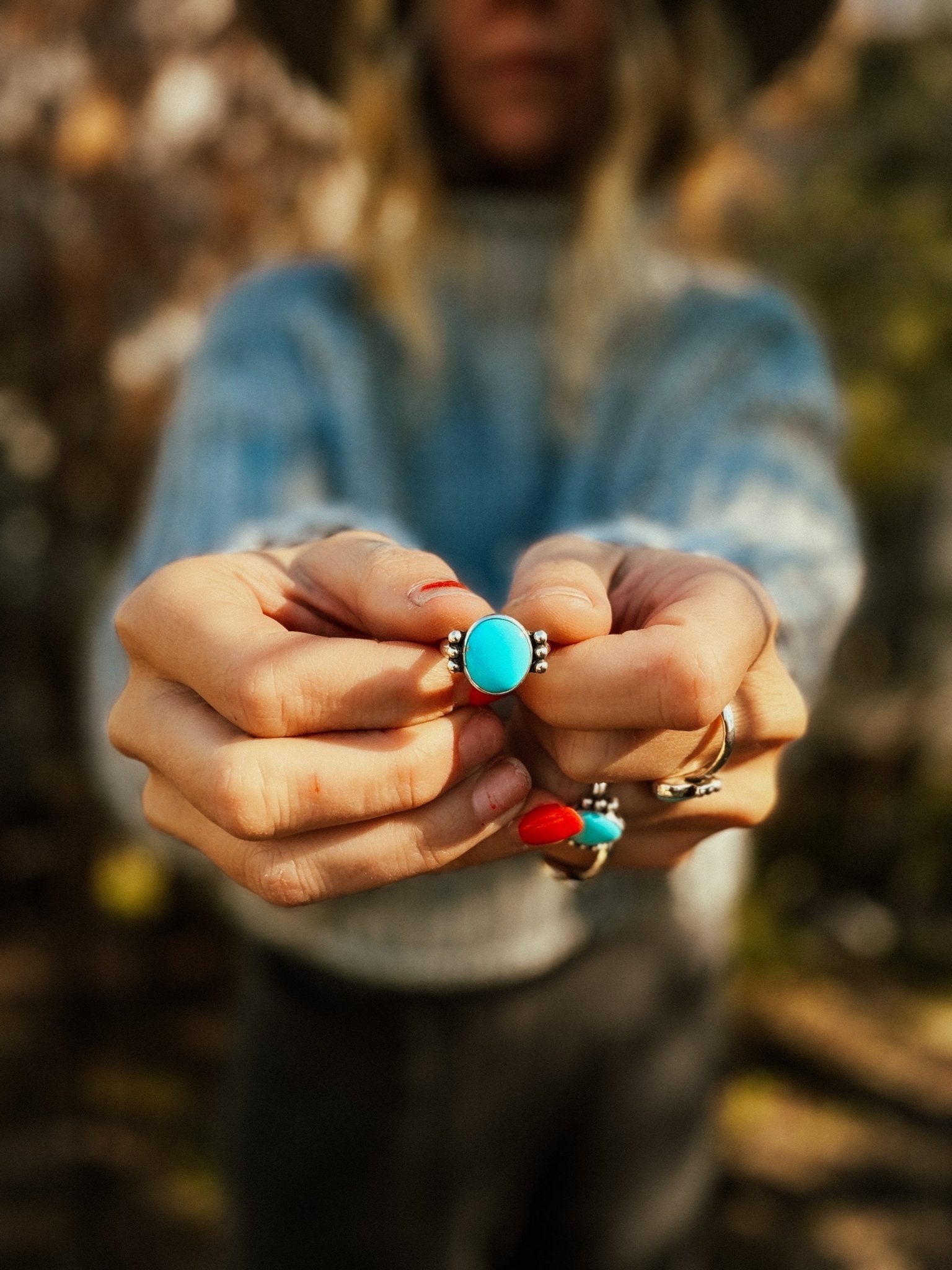 Ellipsis Ring in Campitos Turquoise (Size 7) - Golden Road Crafted
