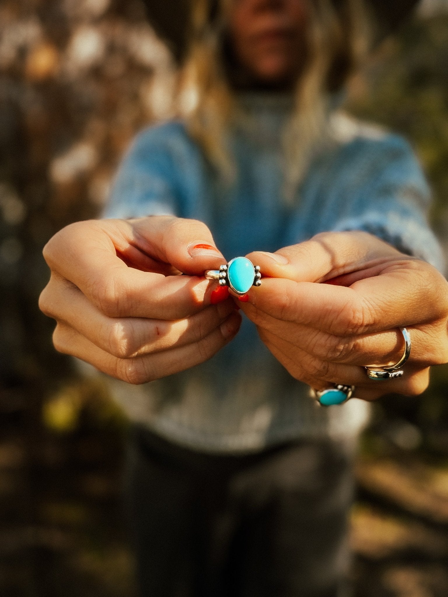 Ellipsis Ring in Campitos Turquoise (Size 7.75) - Golden Road Crafted